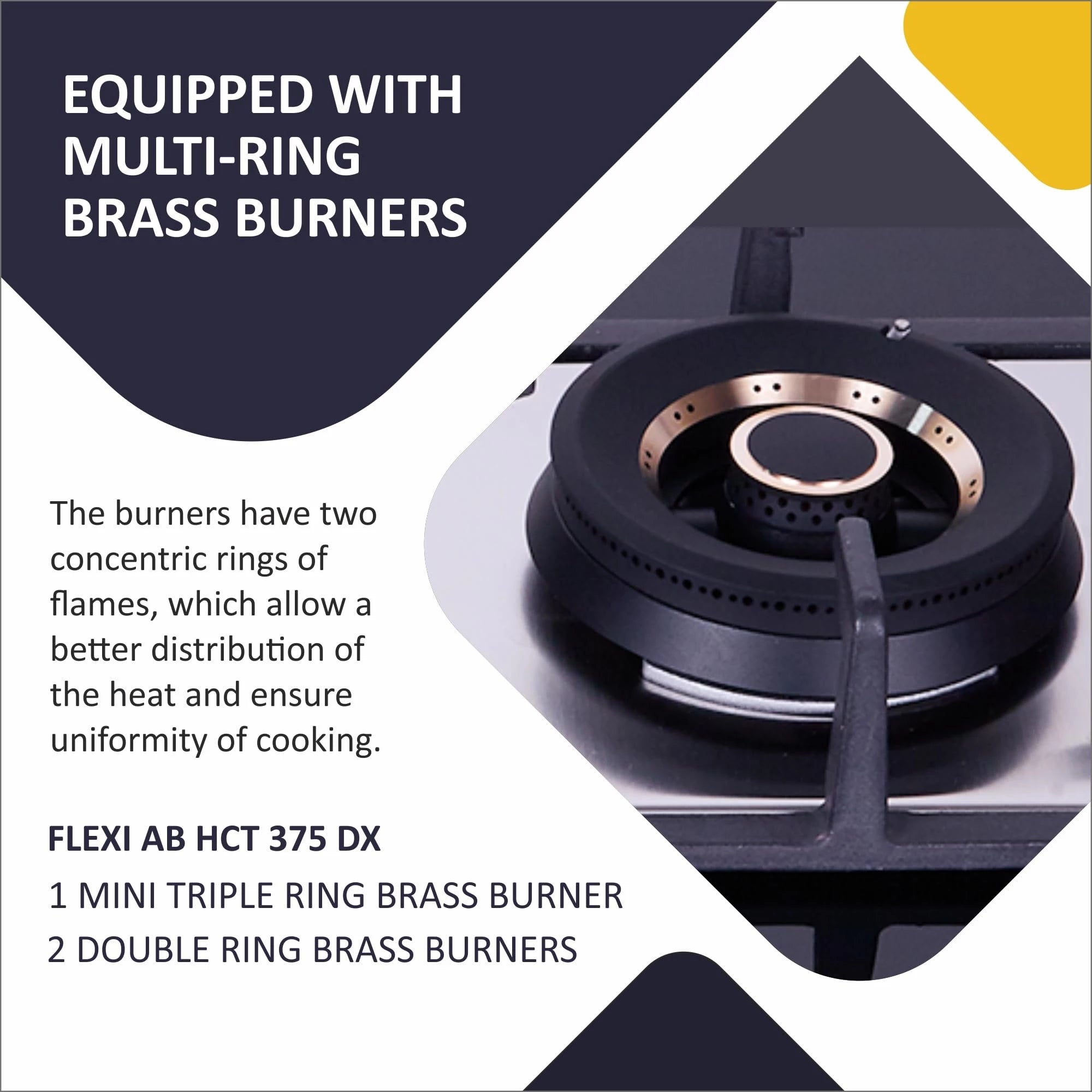 Elica Hob Gas Stove Flexi AB Hct 375 Dx, 3 Burner Auto Ignition, 2 Double Ring Brass, 1 Mini Triple Ring Brass, Glass Top, Black