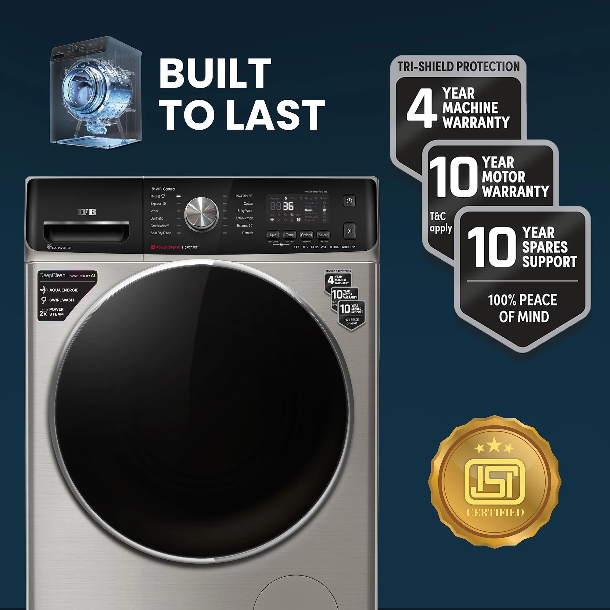 IFB 10Kg 5 Star with Deep Clean Oxyjet Technology, AI Powered, Fully Automatic Front Load Washing Machine (EXECUTIVE PLUS VSC 1014, Steam Refresh Program, Wi-Fi, Eco Inverter, SUS VCM, silver)