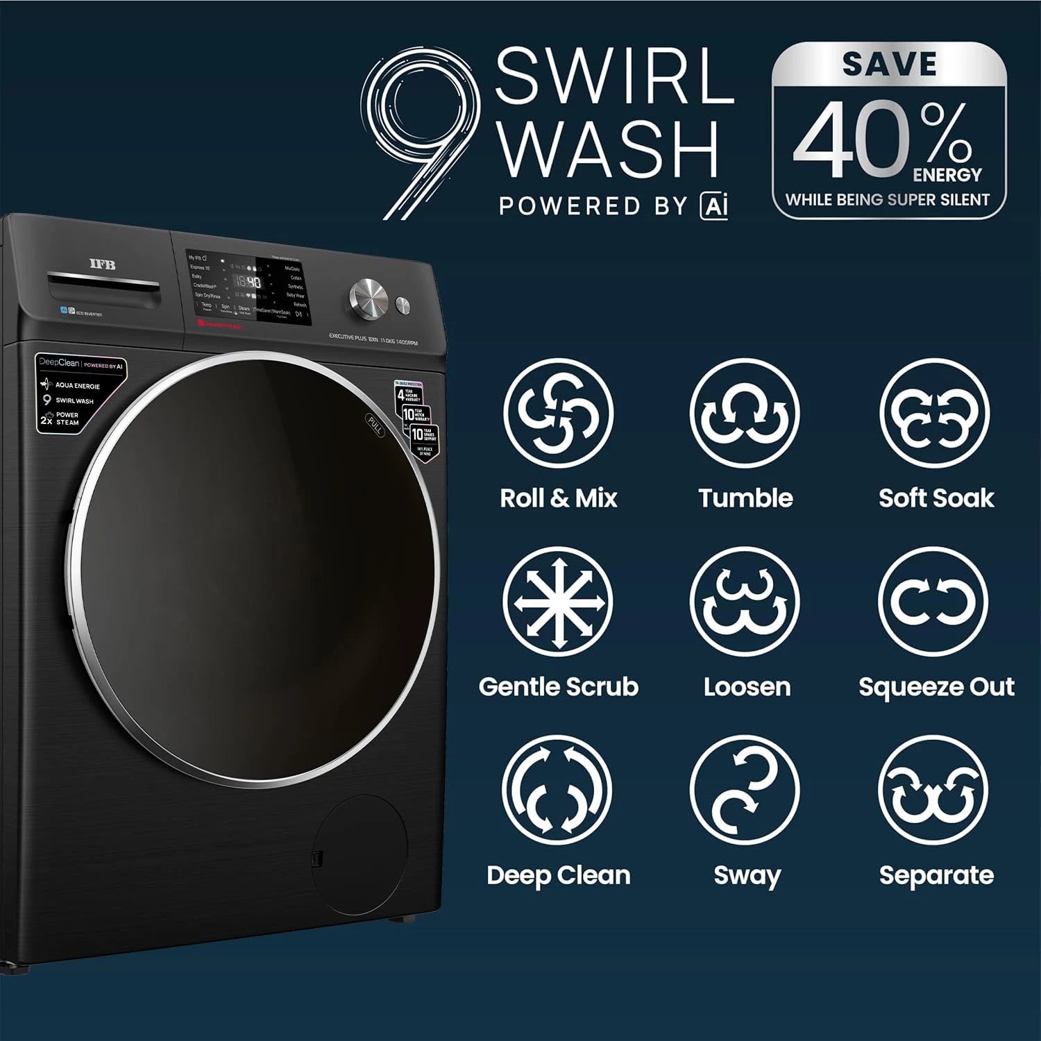 IFB 11 Kg 5 Star, DeepClean®, AI Powered, WiFi, Fully Automatic Front Load Washing Machine (EXECUTIVE PLUS BXN 1114KH, PowerSteam®, 9 Swirl, Steam Refresh, Inbuilt Heater, Eco Inverter, Black VCM)