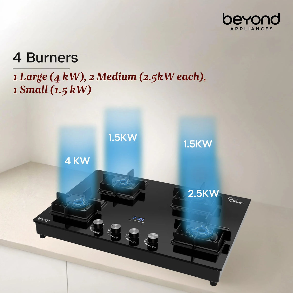 Beyond Appliances Solaria 4 Full Brass Burner Smart Gas Stove Auto Ignition | Digital Timer | Flame Failure Device | Toughened Glass | ISI Certified | LPG & PNG Compatible Cooktop | PAN India Service
