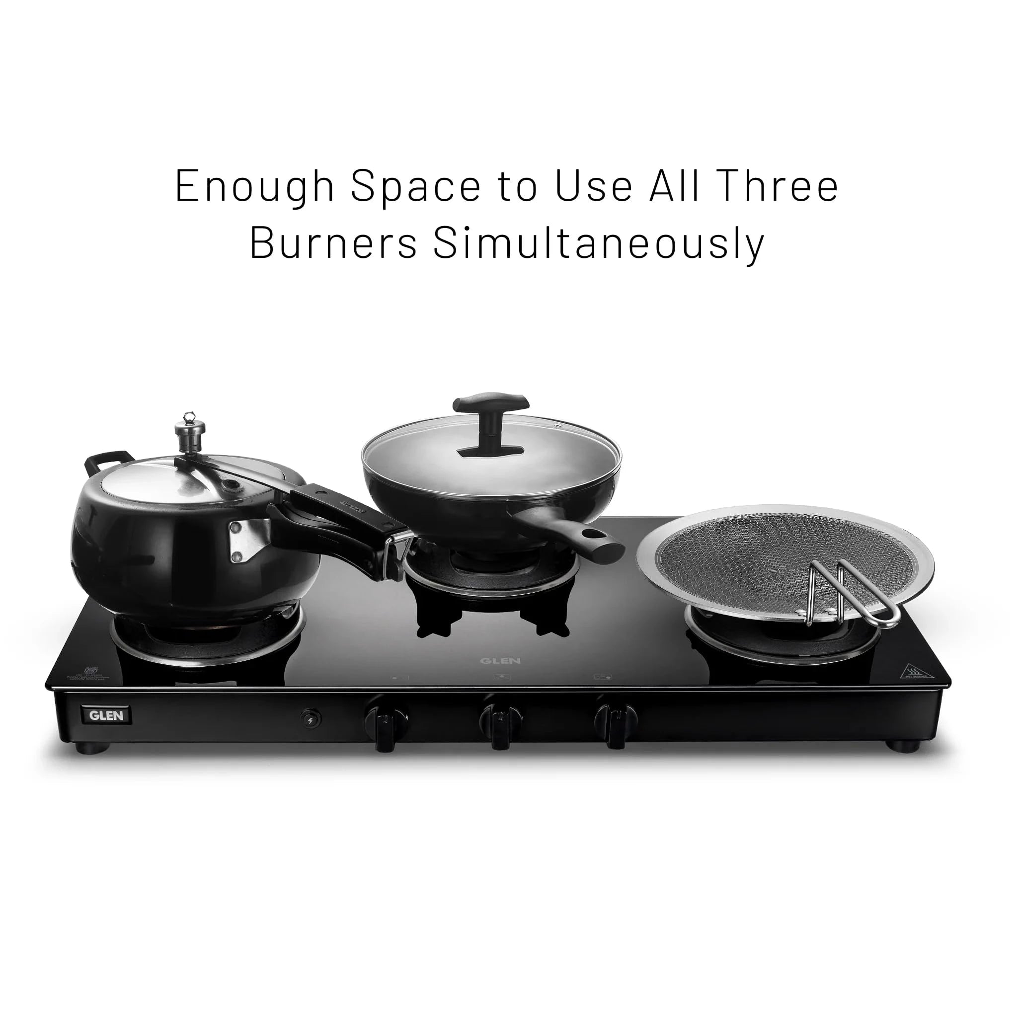 Glen Gas Stove 3 Burner | Toughened Glass Top PNG Gas Stoves | Brass Burners Black Manual Ignition | ISI Certified | Revolving Nozzle | Crown Pan Supports | (CT1038GTBBBLCPPN)