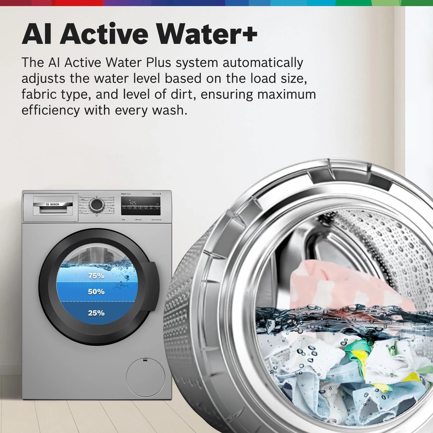 Bosch 8 kg, 5 Star, AI Active Water+, Anti-Tangle, Steam Anti Bacterial, Anti-Wrinkle Fully-Automatic Front Loading Washing Machine (WAJ2826BIN, In-Built Heater, Shiny Silver)