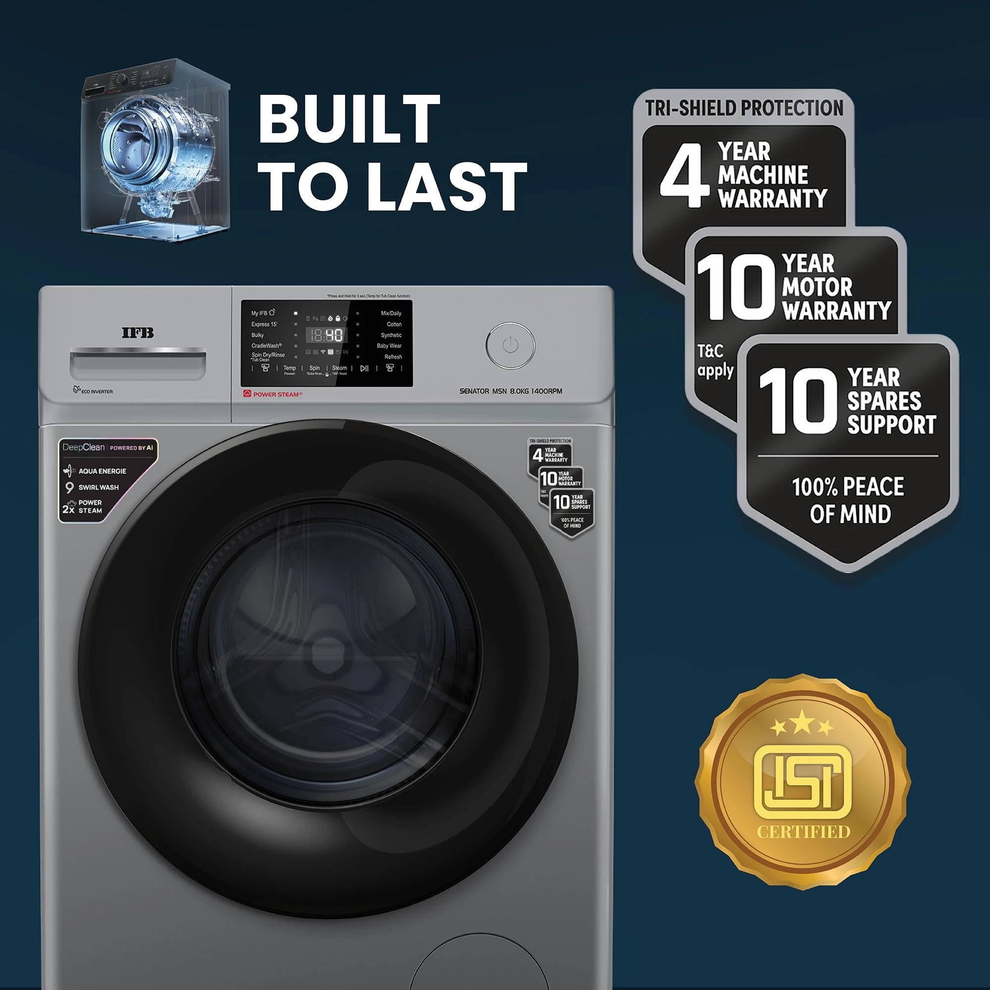 IFB 8 Kg 5 Star, DeepClean® Technology, AI Powered, WiFi, Fully Automatic Front Load Washing Machine (SENATOR MSN 8014 CMS, PowerSteam®, Steam Refresh, Inbuilt Heater, Eco Inverter, Metallic Silver)