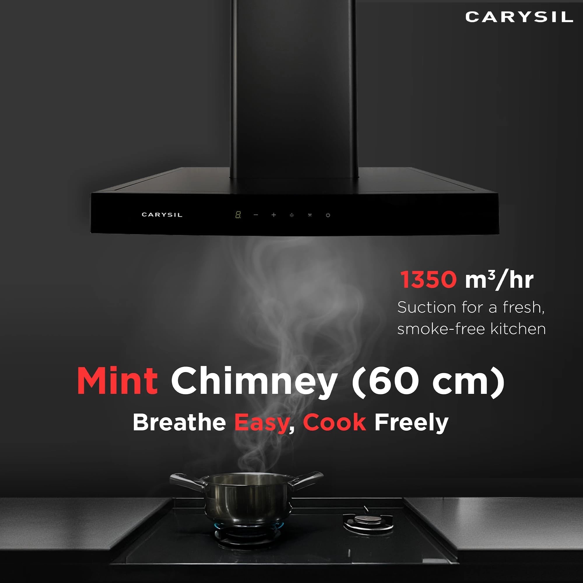 Carysil Mint 60 Kitchen Chimney, 1350 m3/hr Suction Capacity, Baffle Filter, Heat Auto Clean, 3-speed Touch Control, Inox Body & Tempered Finish, LED Lamp, 7-year Motor Warranty