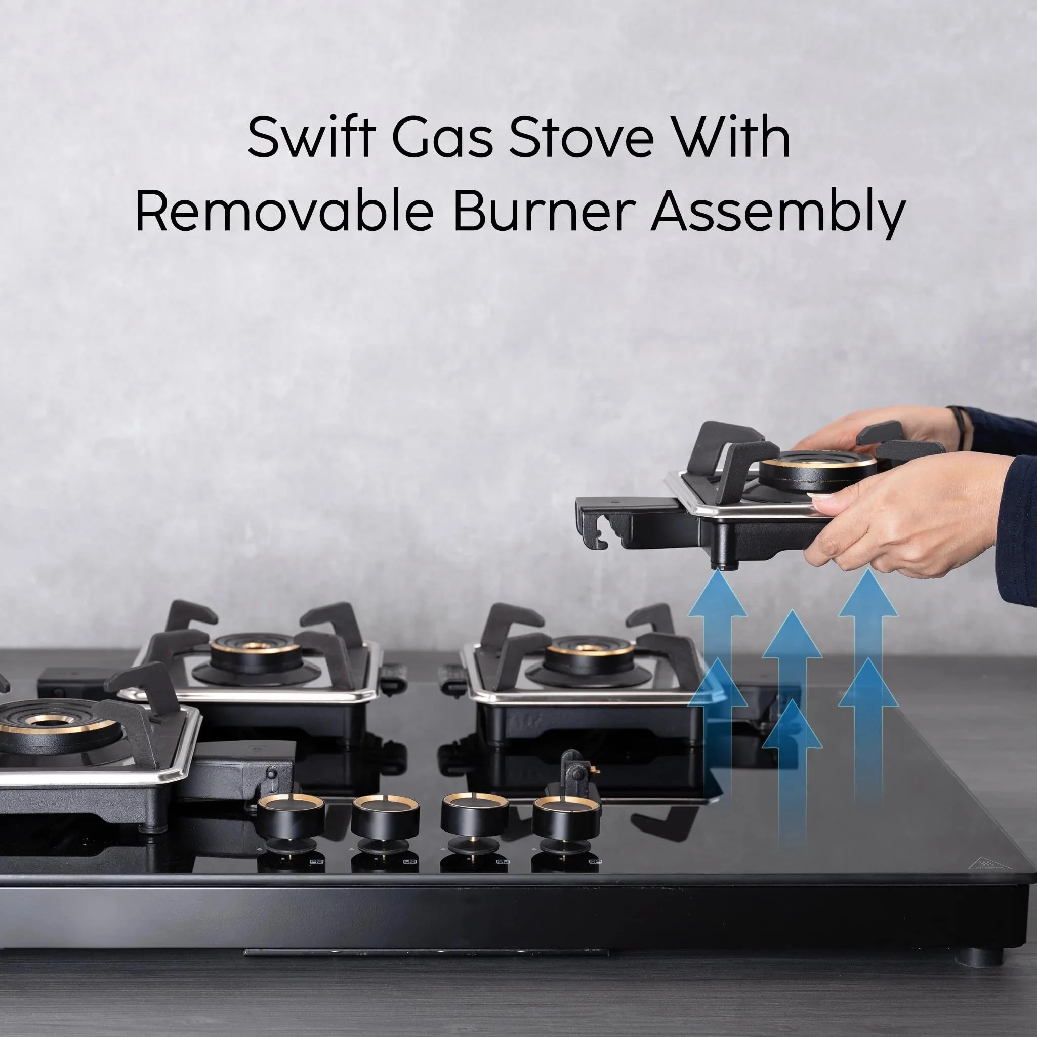 Glen Swift 4 Burner Gas Stove | Removable Multi-Ring Forged Brass Burners | 8mm Toughened Glass Top | Manual Ignition (CT1044GTBLSWIFT)
