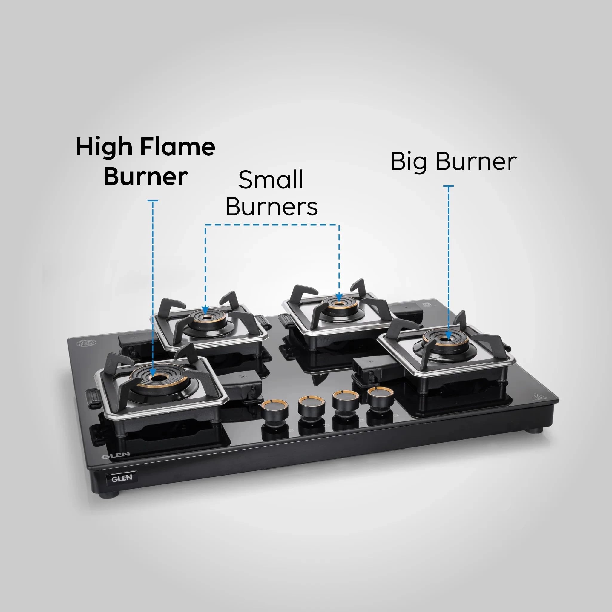 Glen Swift 4 Burner Gas Stove | Removable Multi-Ring Forged Brass Burners | 8mm Toughened Glass Top | Manual Ignition (CT1044GTBLSWIFT)