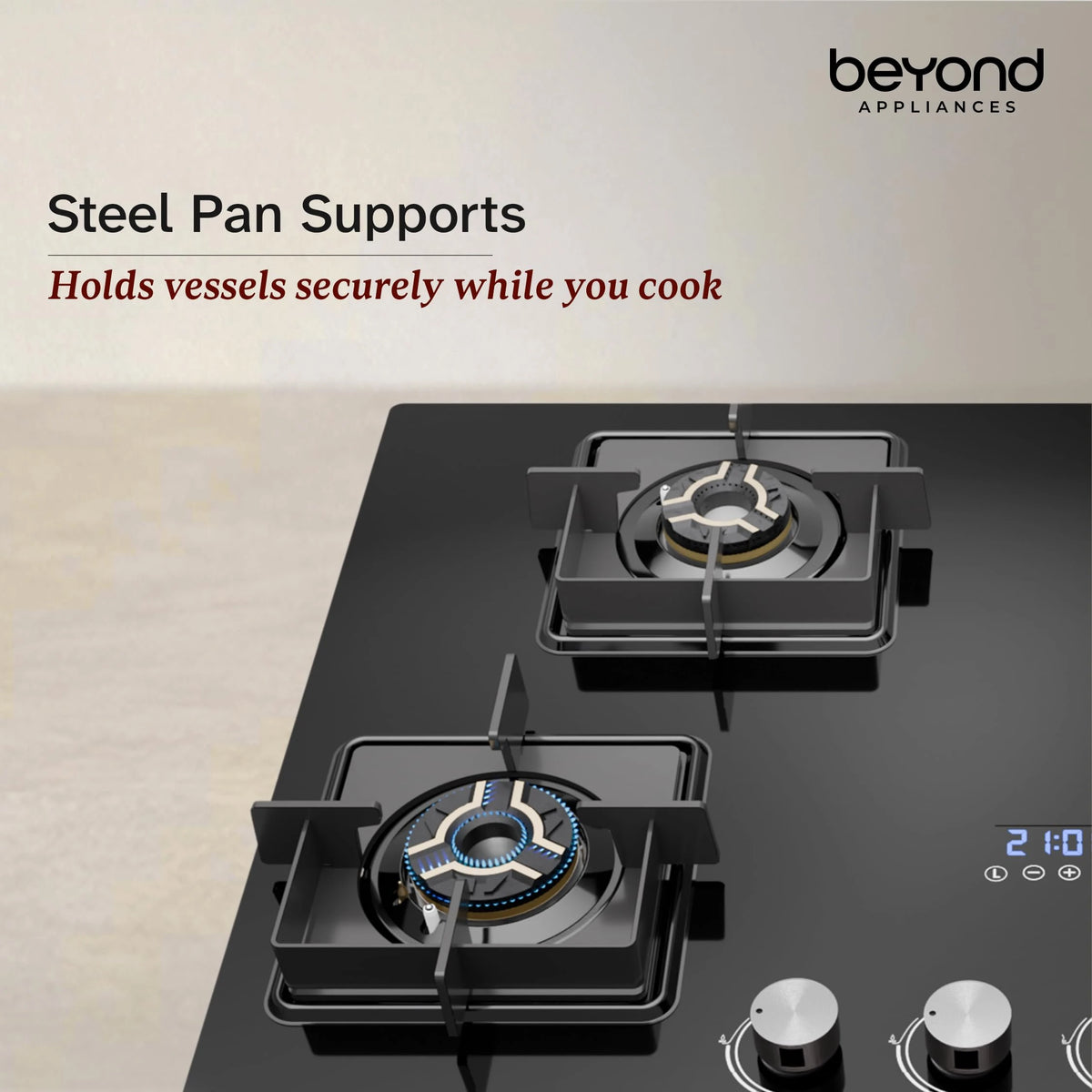 Beyond Appliances Solaria 4 Full Brass Burner Smart Gas Stove Auto Ignition | Digital Timer | Flame Failure Device | Toughened Glass | ISI Certified | LPG & PNG Compatible Cooktop | PAN India Service
