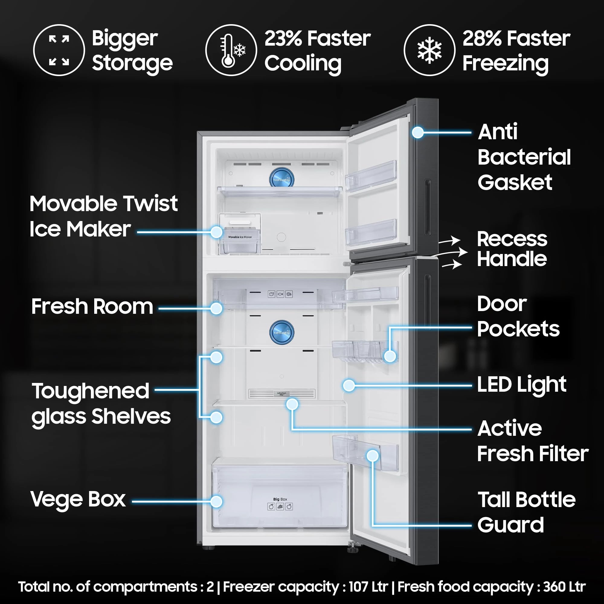 Samsung 467 L, 3 Star, Convertible 5-in-1, Digital Inverter, Frost Free Double Door, Bespoke AI WiFi Enabled Refrigerator (RT80F51C3KHL, Luxe Black)