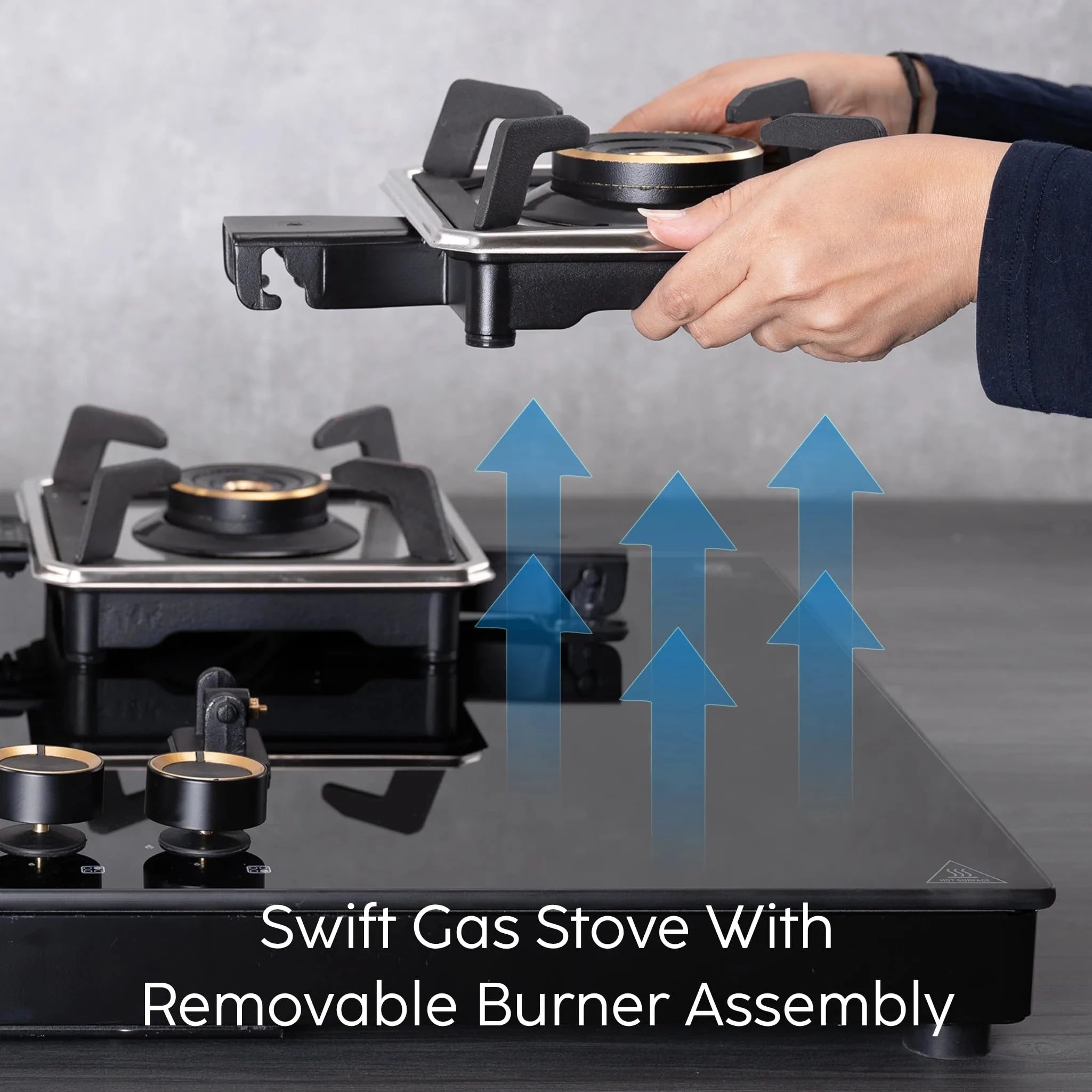 Glen Swift 3 Burner Gas Stove | Removable Multi-Ring Forged Brass Burners | 8mm Toughened Glass Top | Manual Ignition (CT1038GTBLSWIFT)