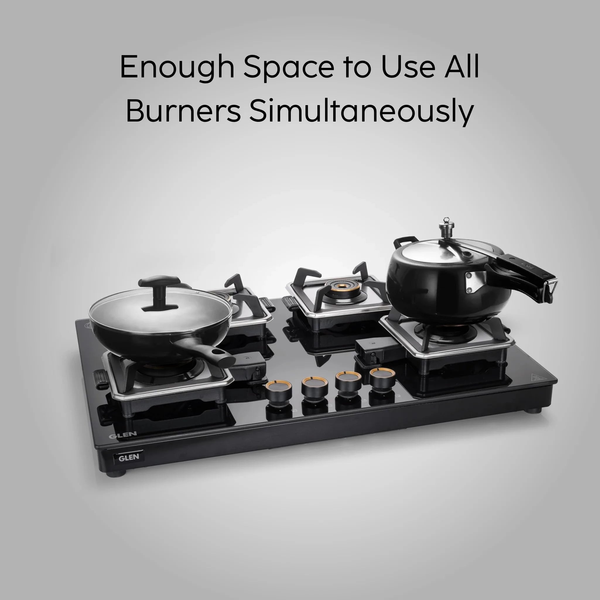 Glen Swift 4 Burner Gas Stove | Removable Multi-Ring Forged Brass Burners | 8mm Toughened Glass Top | Manual Ignition (CT1044GTBLSWIFT)