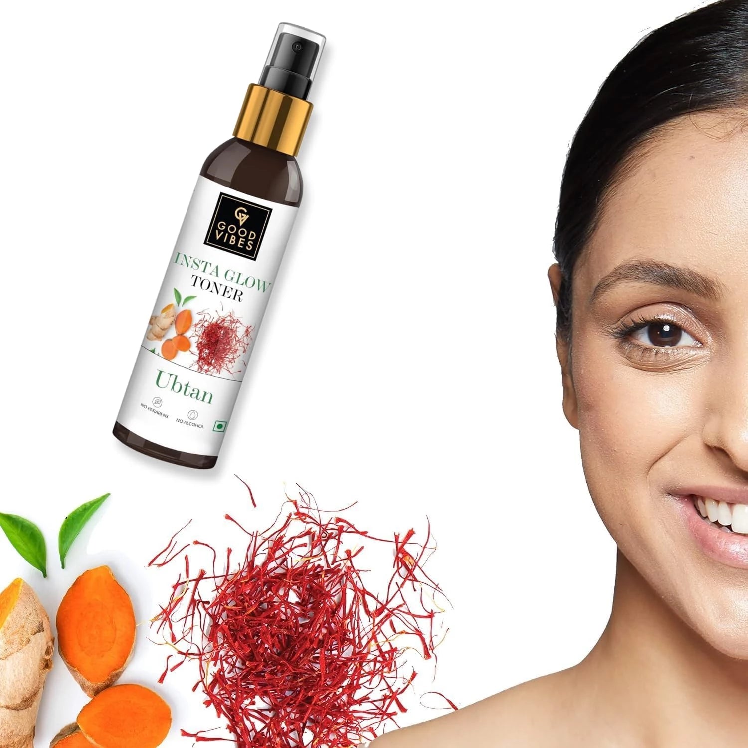 Good Vibes Ubtan Insta Glow Toner, 120 ml | Refreshing Hydrating Detoxifying Face Toner for All Skin Types | With Turmeric, Saffron, Vitamin B3 | Vegan, No Alcohol, Parabens, Sulphates & Mineral Oil