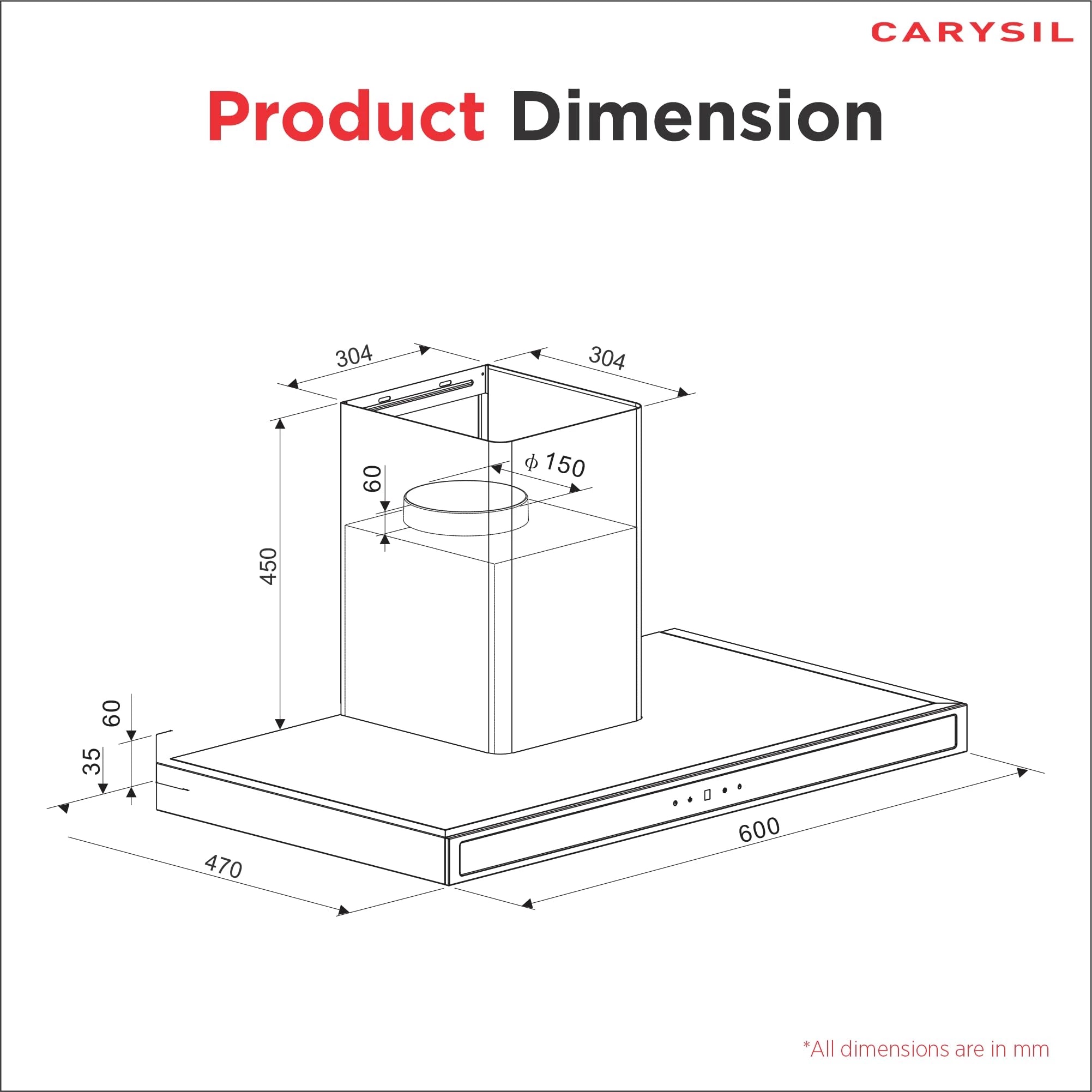 Carysil Mint 60 Kitchen Chimney, 1350 m3/hr Suction Capacity, Baffle Filter, Heat Auto Clean, 3-speed Touch Control, Inox Body & Tempered Finish, LED Lamp, 7-year Motor Warranty