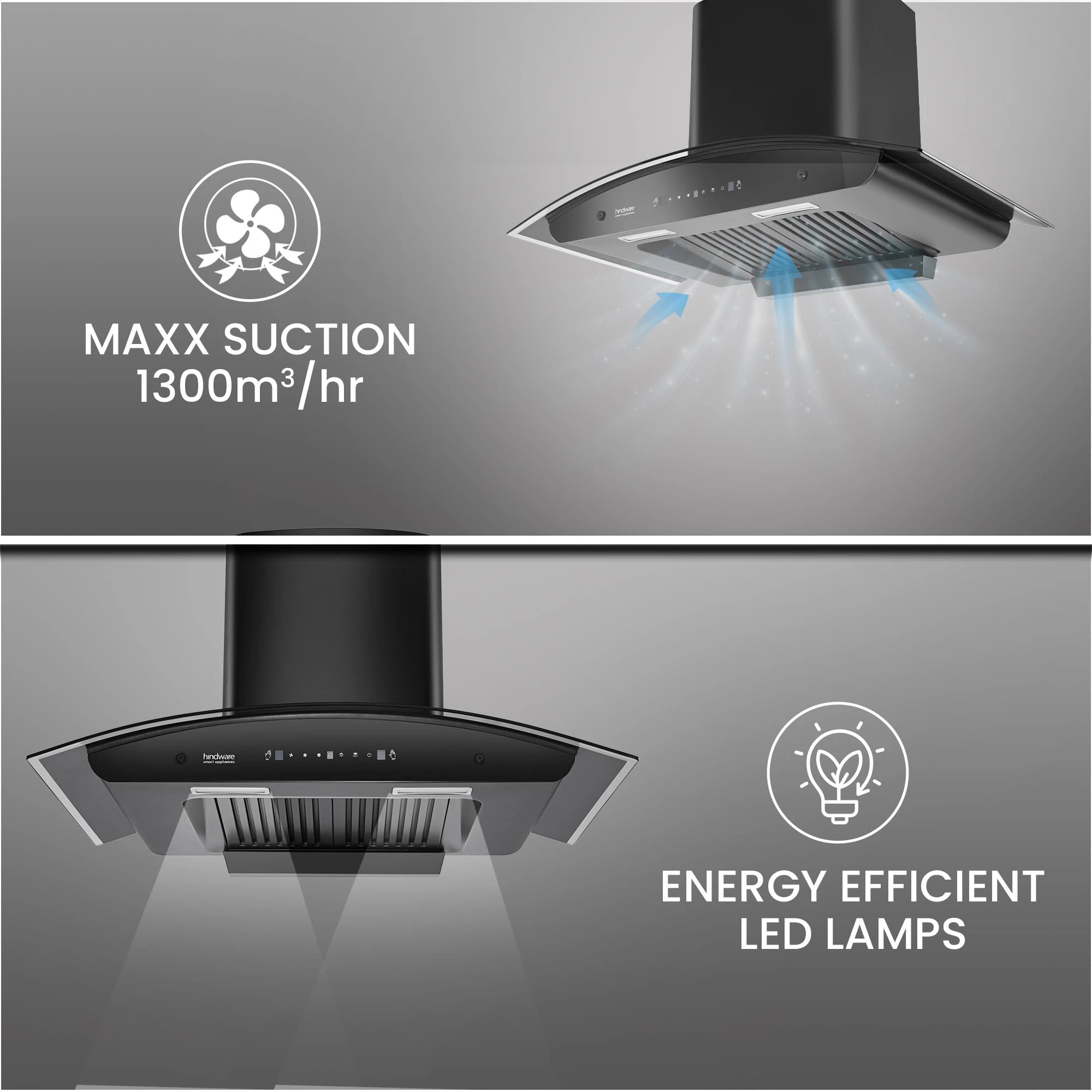 Hindware Smart Appliances Lyra 90 Auto Clean Kitchen Chimney with Max Suction 1300 m3/hr | Energy Efficient LED Lamps | Thermal Auto Clean Technology | Motion Sensor | Kitchen Chimney