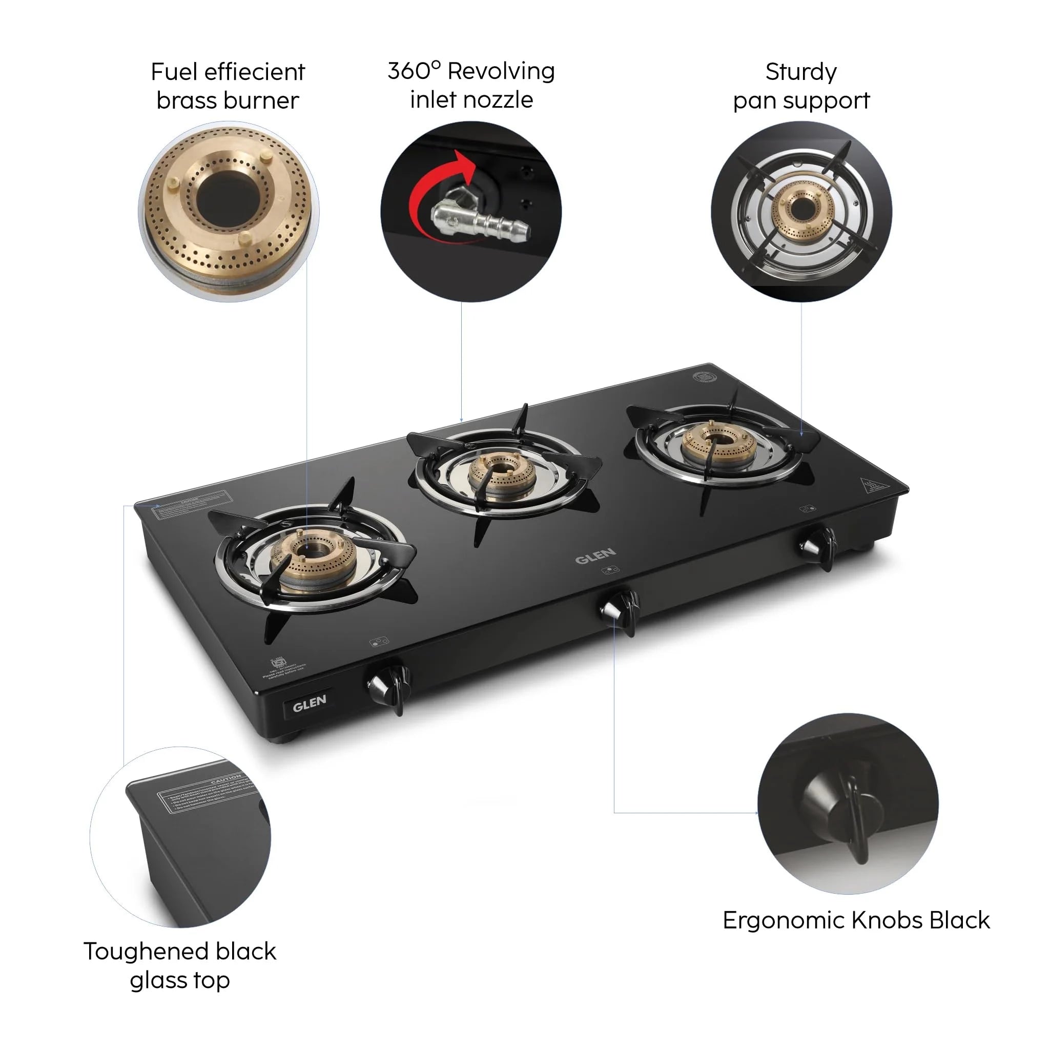 Glen 3 Burner Toughened Glass Top PNG Gas Stoves | Brass Burners | Black | ISI Certified | Stainless Steel Drip Trays | Anti-Skid Feet Ergonomic Knobs | 2 Year Warranty (CT1030GTBB BLPN)