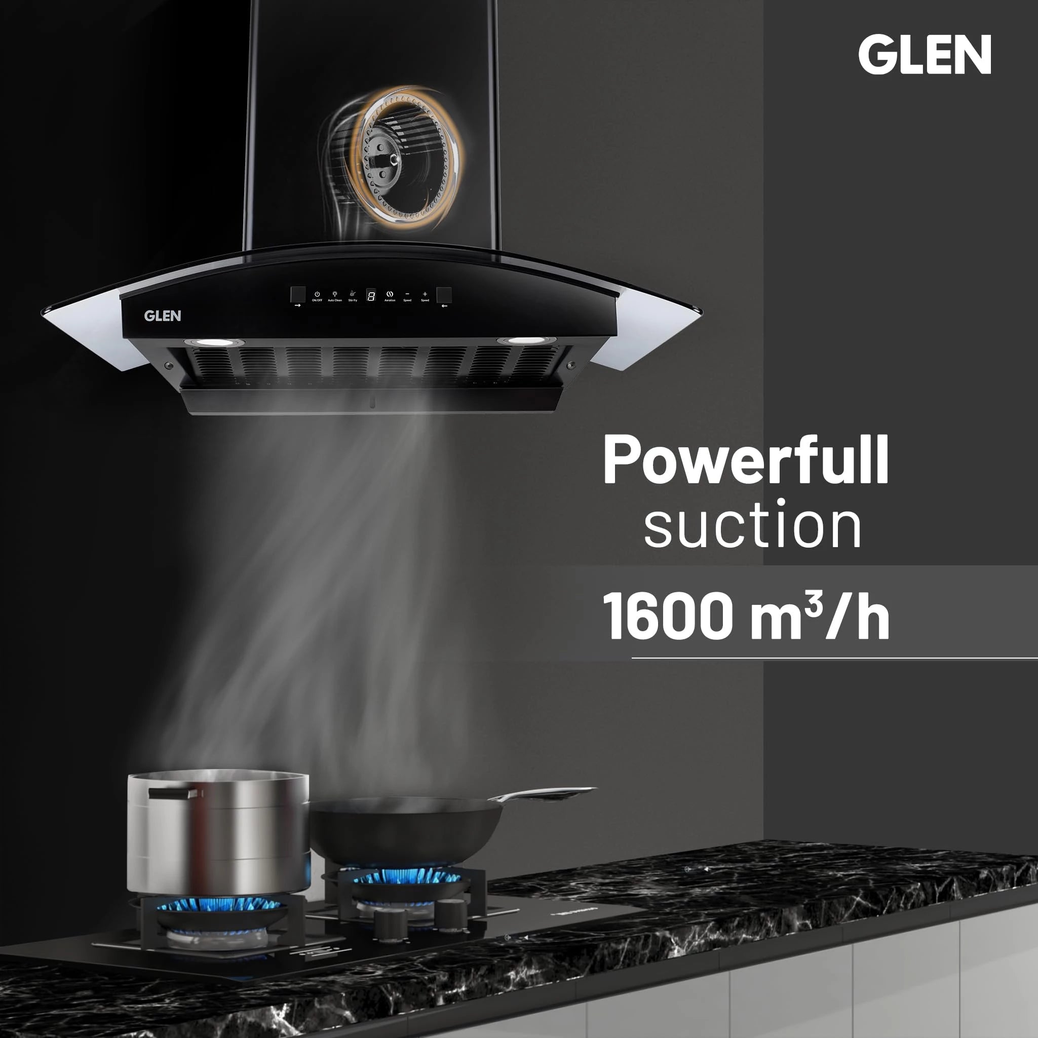 Glen 76 cm 1600 m³/hr BLDC Filterless Thermal Autoclean Kitchen Chimney, Curved Glass |(Hood FABIA 76, Heat Sensor| Aeration technology|Touch & Gesture Control,Black)