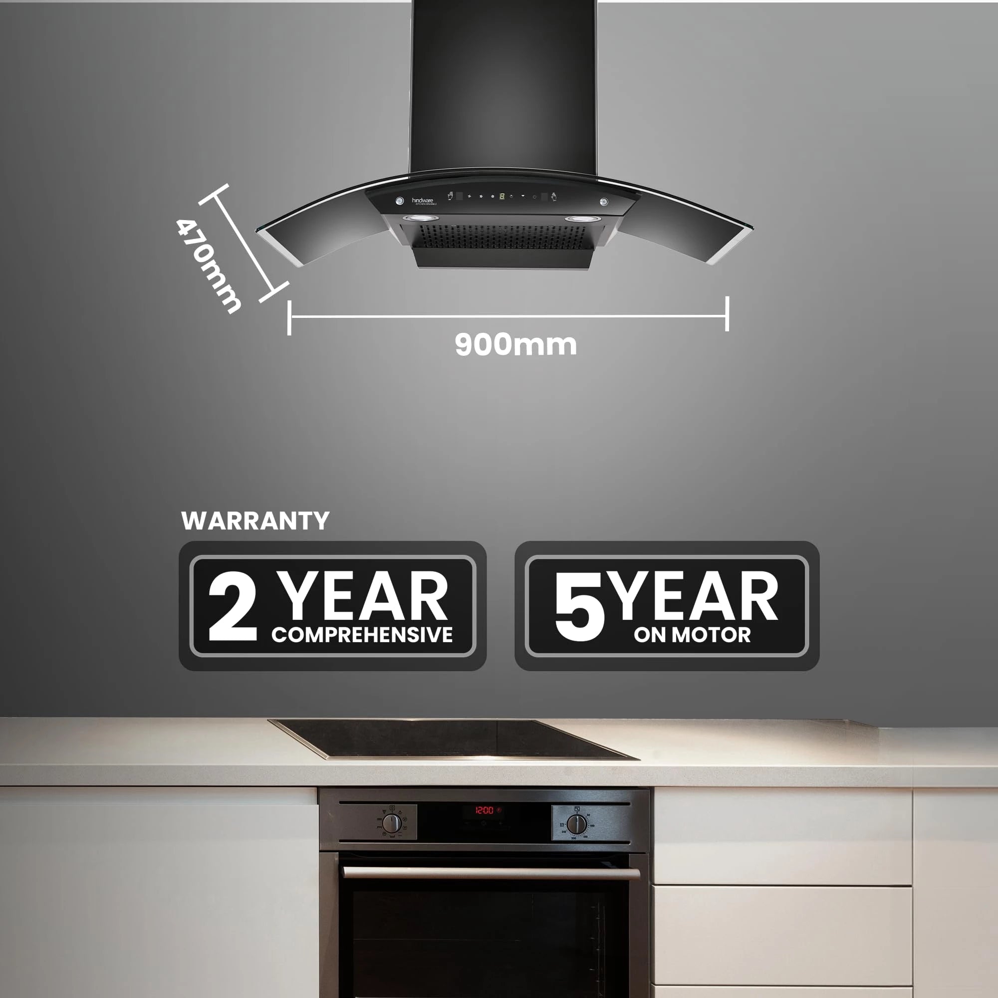 Hindware Smart Appliances | Amyra 90 cm Chimney | 1200 CMH | Auto Clean | Curved Glass | Filterless | Touch Control, Motion Sensor | 5 Yrs Warranty on Motor & 2 Yrs on Product | Wall Mounted (Black)