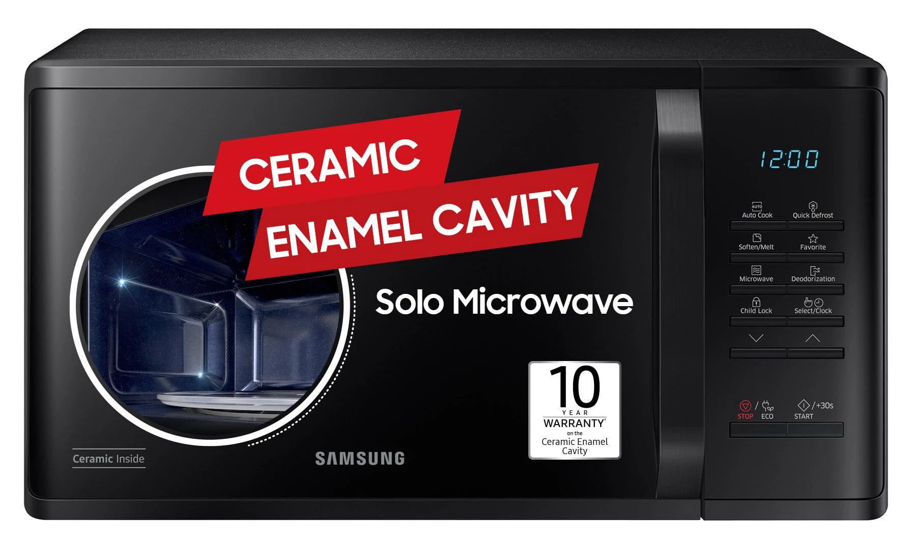 Samsung 23 L Solo Microwave Oven (MS23A3513AK/TL, Black, Auto Cook Programs, Child Safety Lock, Memory Feature, Deodorization, Ceramic Enamel Cavity with 10 year warranty)