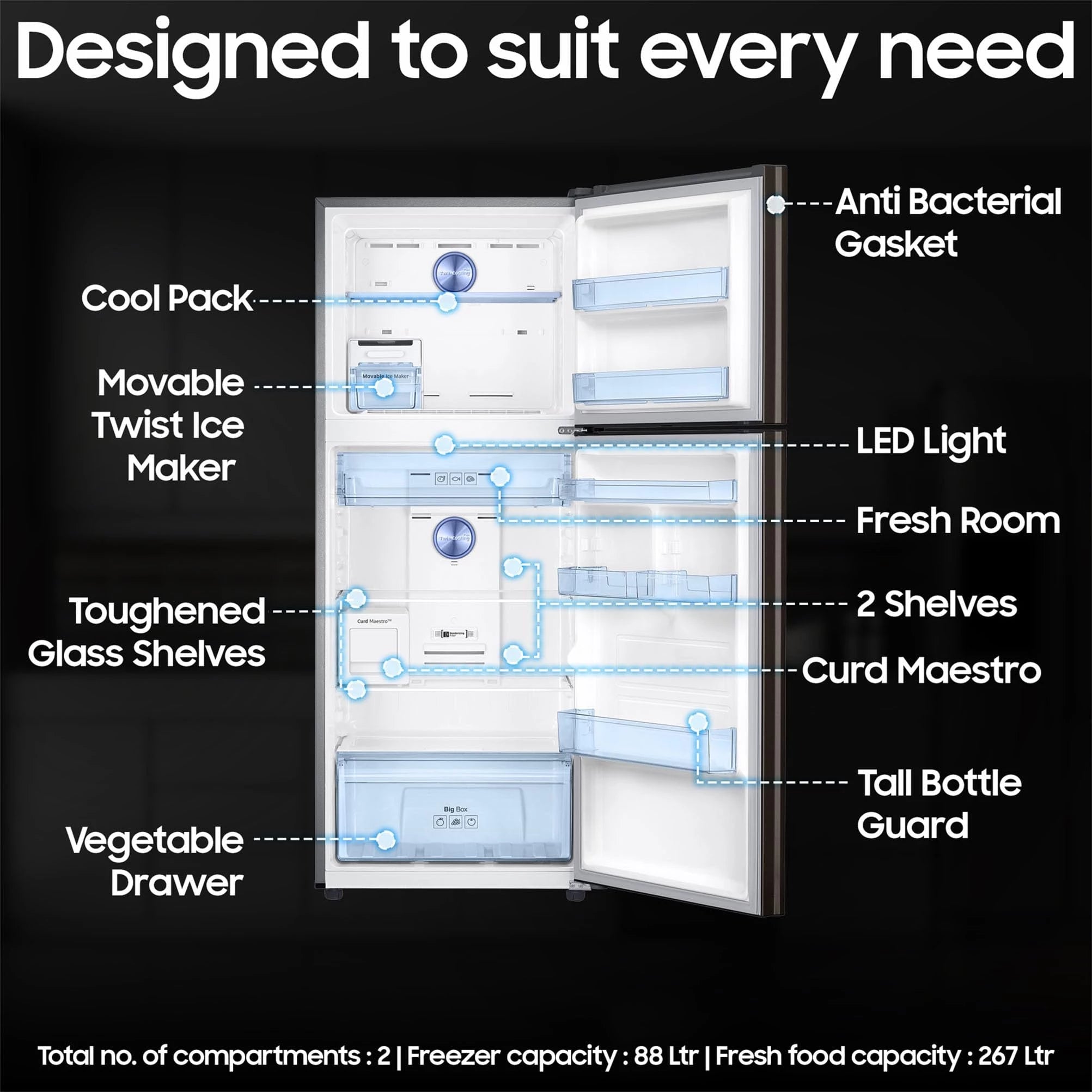 Samsung 355L 2 Star Inverter Frost-Free Convertible 5 In 1 Curd Maestro Double Door Refrigerator (RT39C5C32DX/HL,Luxe Brown)