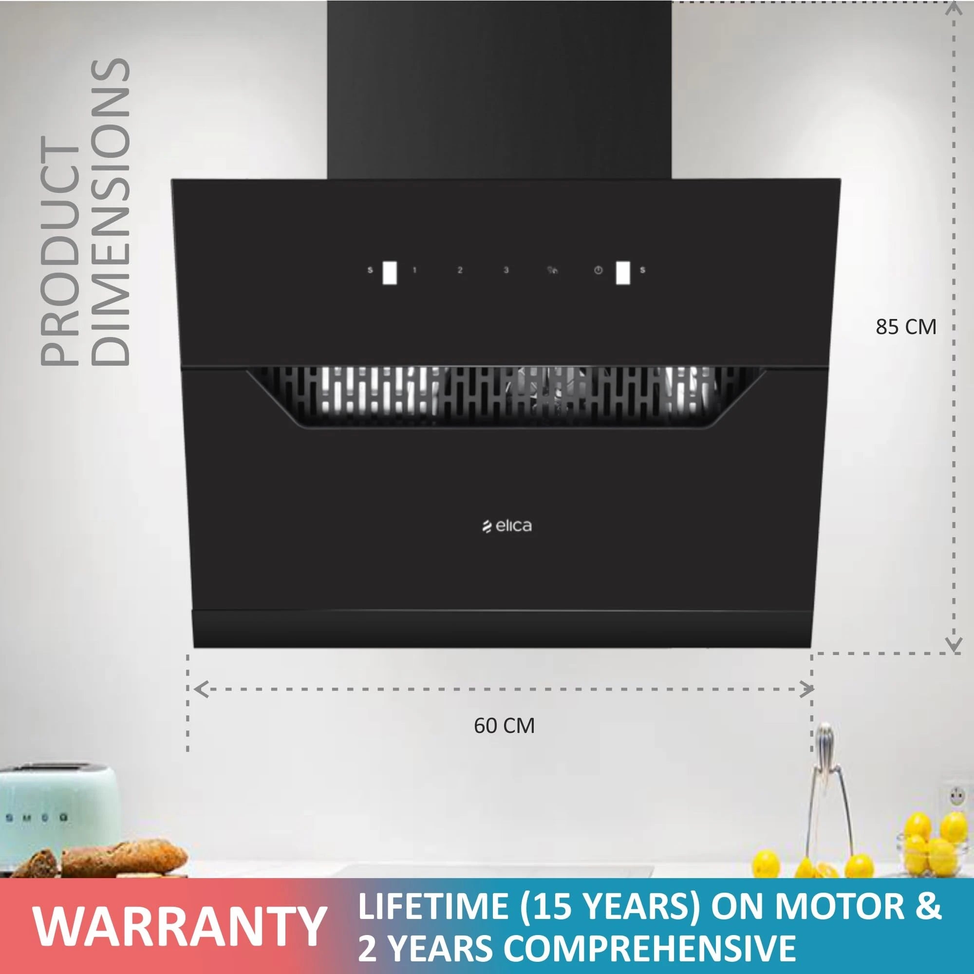 Elica 60cm 1350m3/hr Thermal Sensor Filterless Autoclean Angular Kitchen Chimney (AUTO SENSE EFL 207 HAC LTW VMS 60) - 15 Yr Warranty