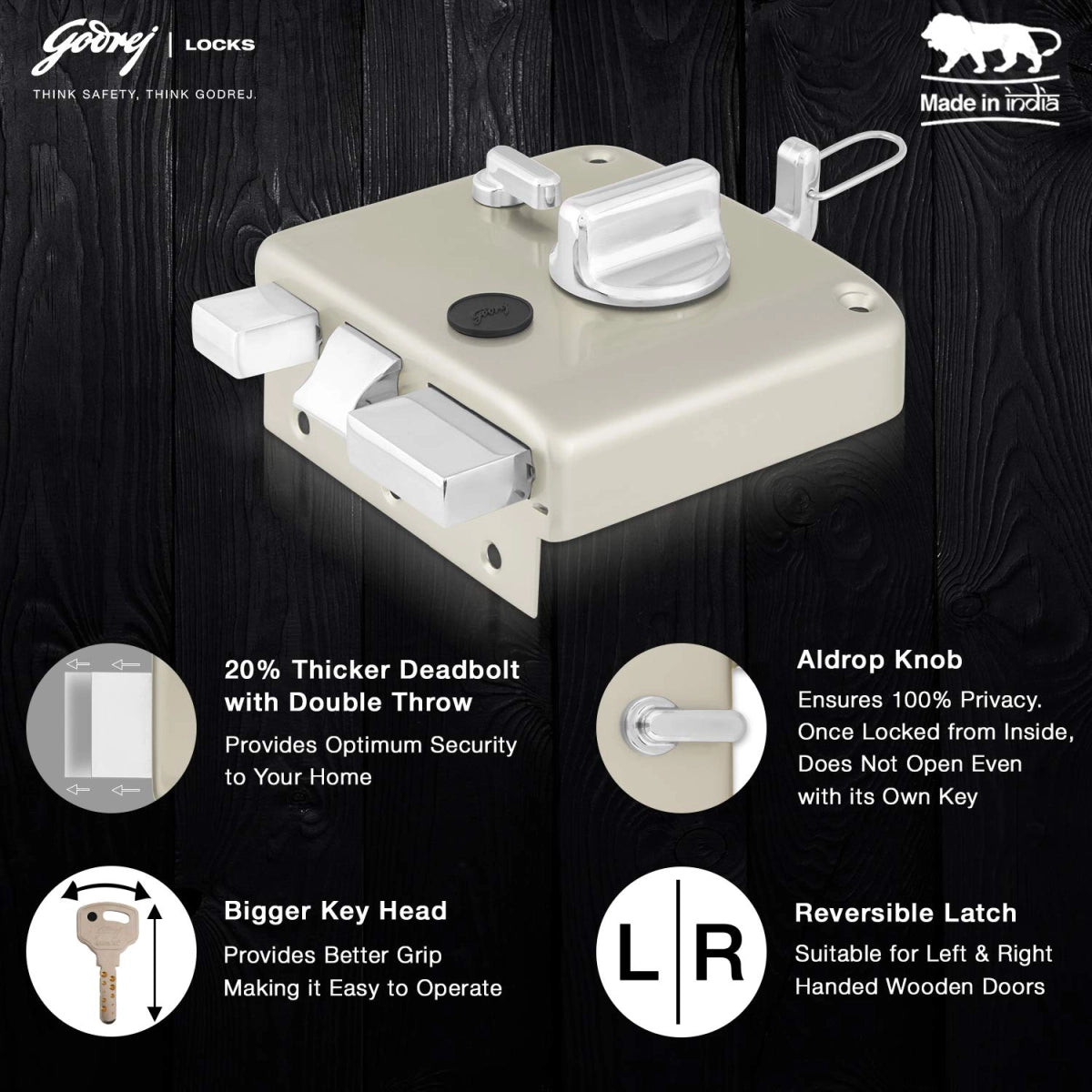 Godrej Ultra XL+ Tribolt 1CK Lock for Home Main Door with Outside Opening (Satin Steel)