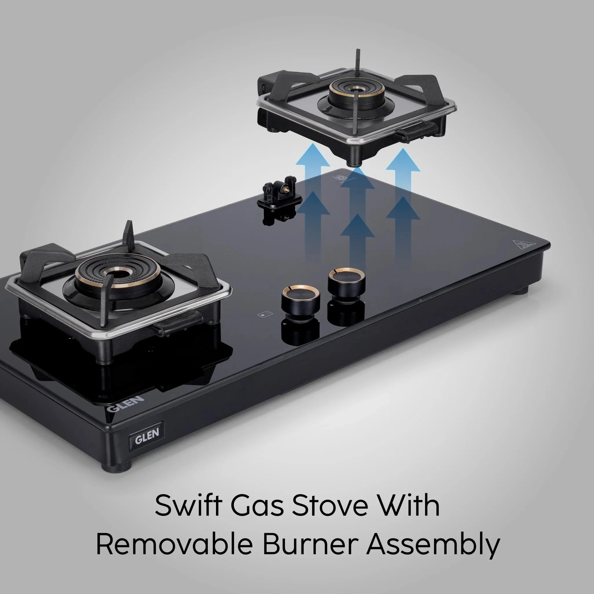 Glen Swift 2 Burner Gas Stove | Removable Multi-Ring Forged Brass Burners | 8mm Toughened Glass Top | Manual Ignition (CT1022GTBLSWIFT)