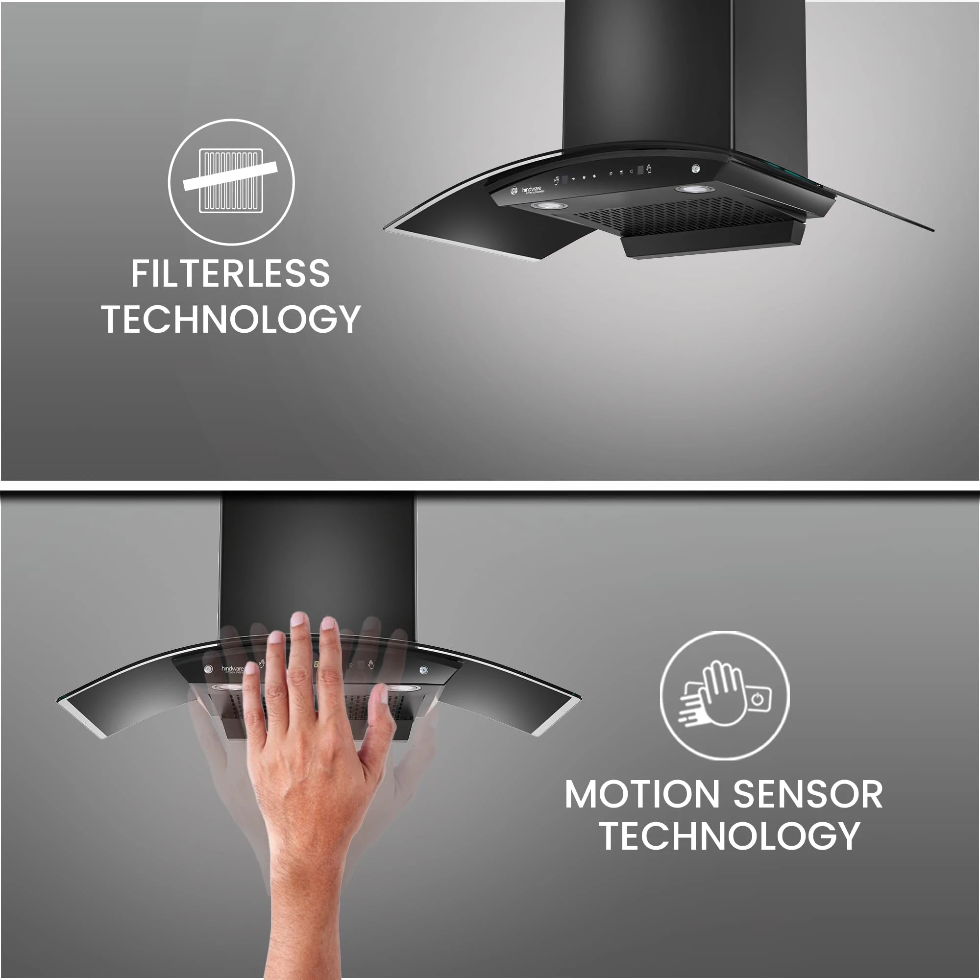 Hindware Smart Appliances | Amyra 90 cm Chimney | 1200 CMH | Auto Clean | Curved Glass | Filterless | Touch Control, Motion Sensor | 5 Yrs Warranty on Motor & 2 Yrs on Product | Wall Mounted (Black)