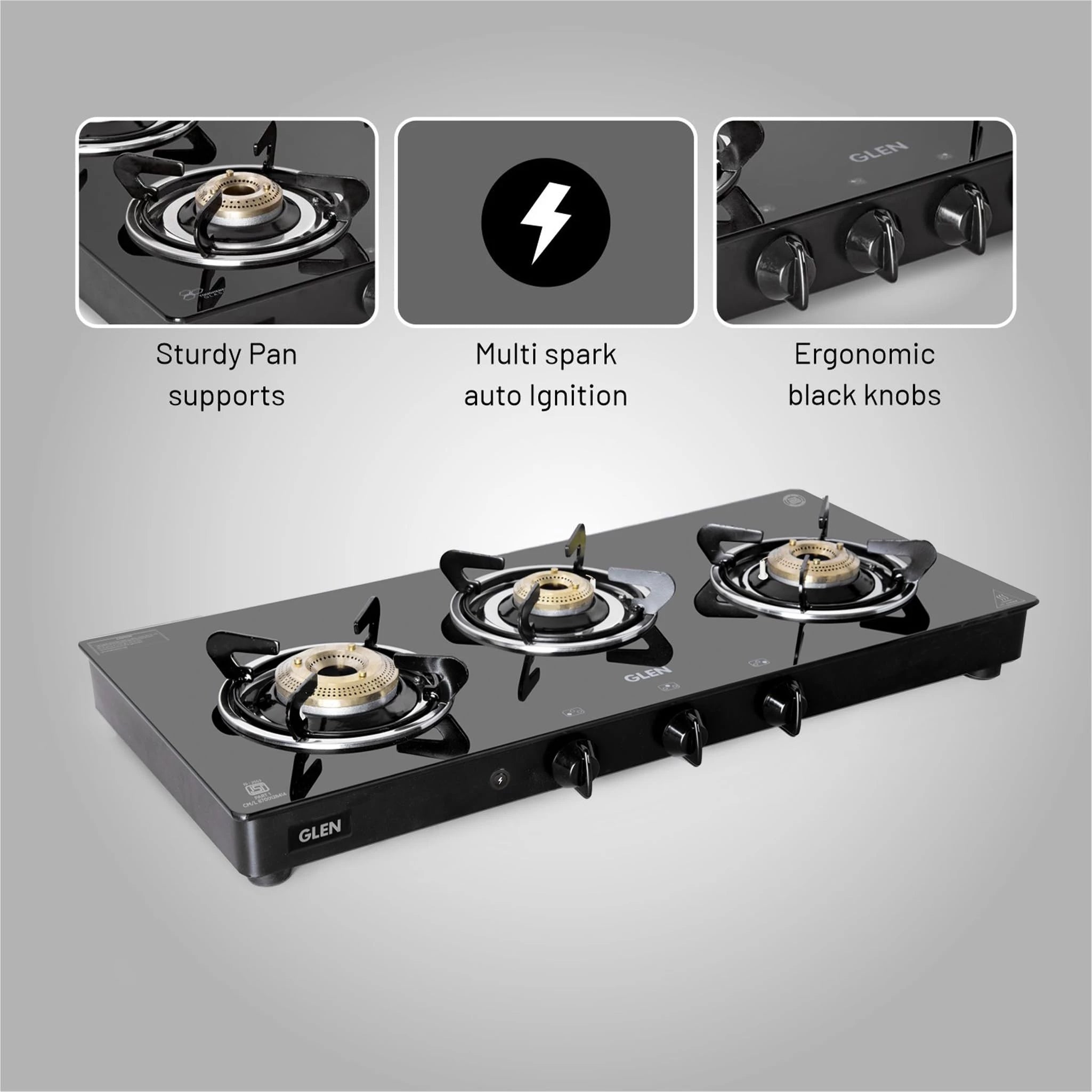 Glen 3 Burner Toughened Glass Top LPG Gas Stove with Fuel Efficient Brass Burners | Black | ISI Certified