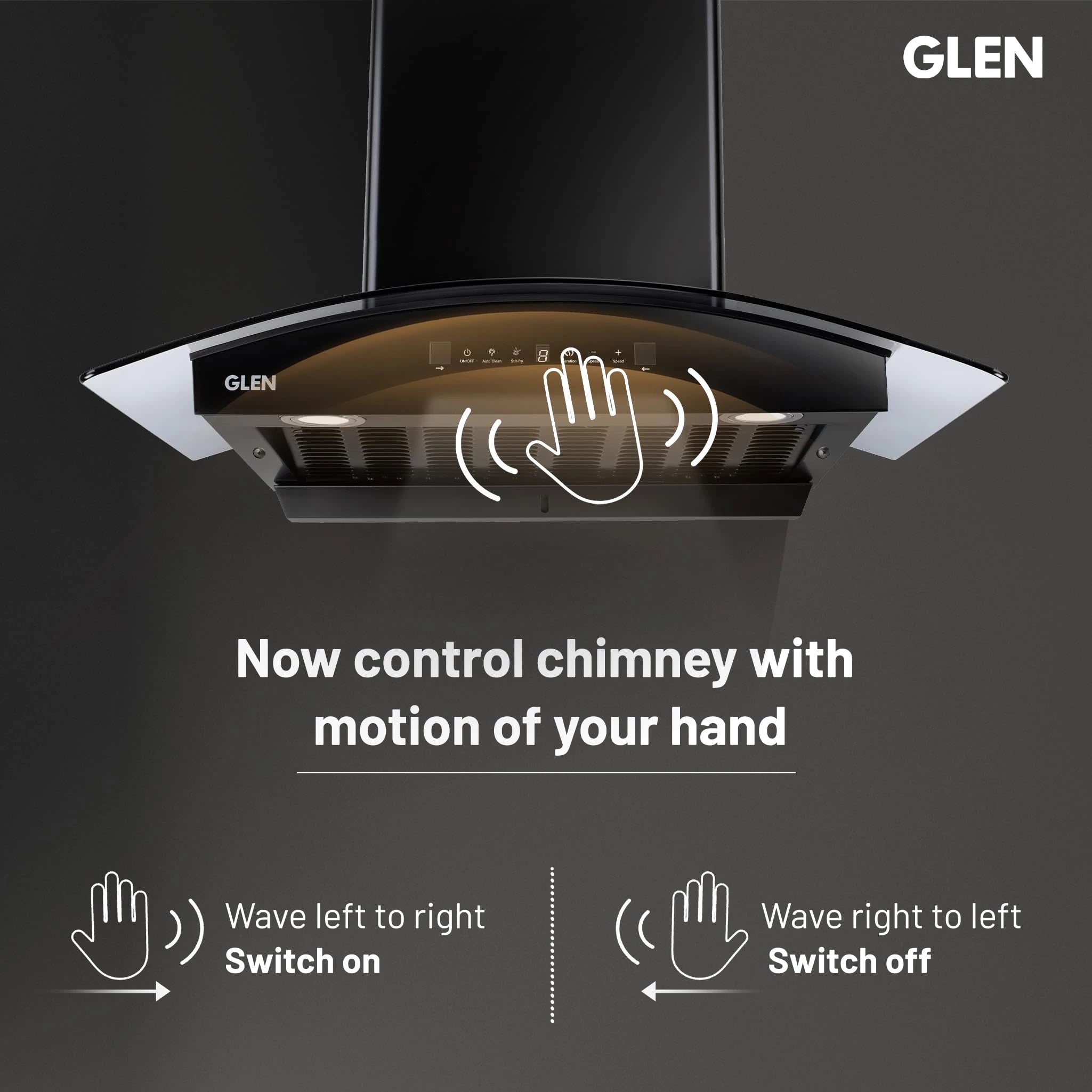 Glen 76 cm 1600 m³/hr BLDC Filterless Thermal Autoclean Kitchen Chimney, Curved Glass |(Hood FABIA 76, Heat Sensor| Aeration technology|Touch & Gesture Control,Black)