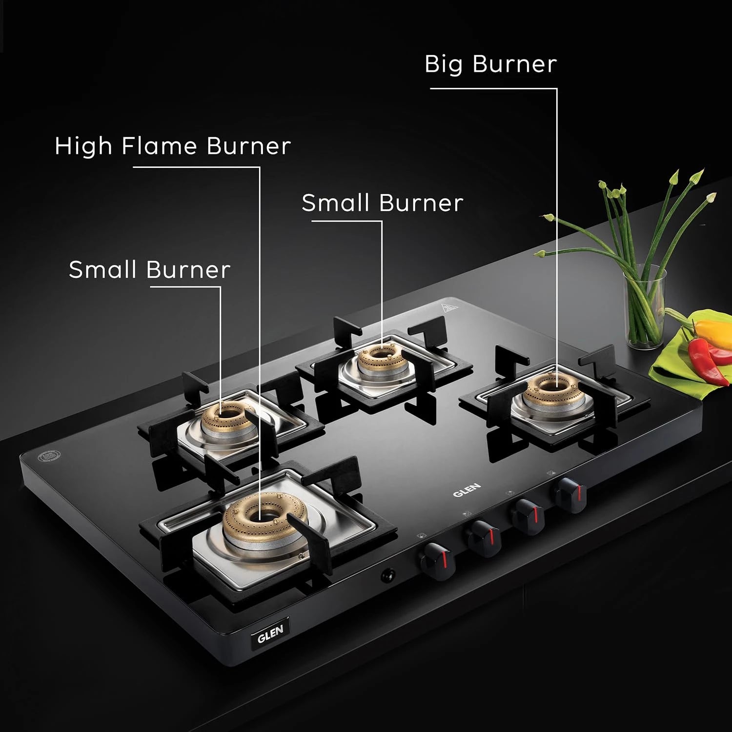 Glen Gas Stove 4 Burner Ultra Slim Auto Ignition LPG Gas Stoves | Forged Brass Burner | Black | Revolving Inlet Nozzle | 2 Year Warranty On Product (CT1047USBLAI)