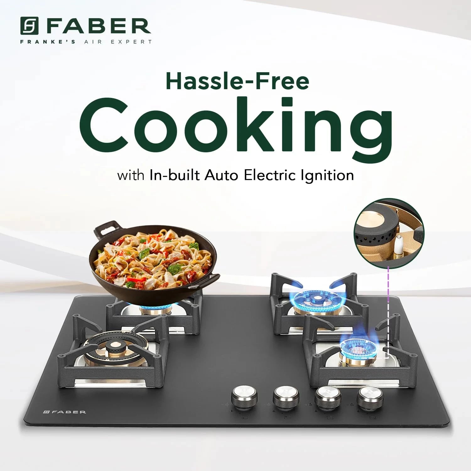 Faber Bella HT 704 BR AI Hobtop – 70 cm, 4 Full Brass Burners | Auto Ignition | Black Toughened Glass | Heavy-Duty Cast Iron Support | Modern Kitchen Elegance