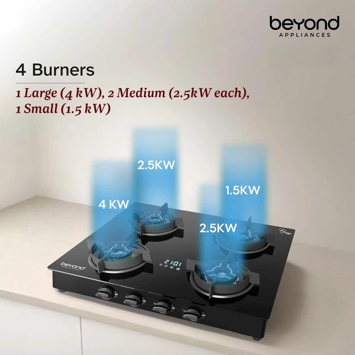 Beyond Appliances Auriga Pro 4 Full Brass Burner Smart Gas Stove | Auto Ignition | Digital Timer | Flame Failure Device | Toughened Glass | ISI Certified, LPG & PNG Compatible, PAN India Service