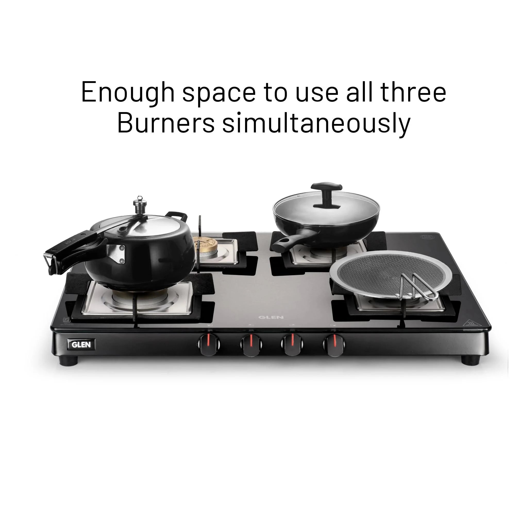 Glen 4 Burner Ultra Slim Glass Gas Stove 1 High Flame 3 Forged Brass Burner -Manual (1048 SL SQ BL FB)
