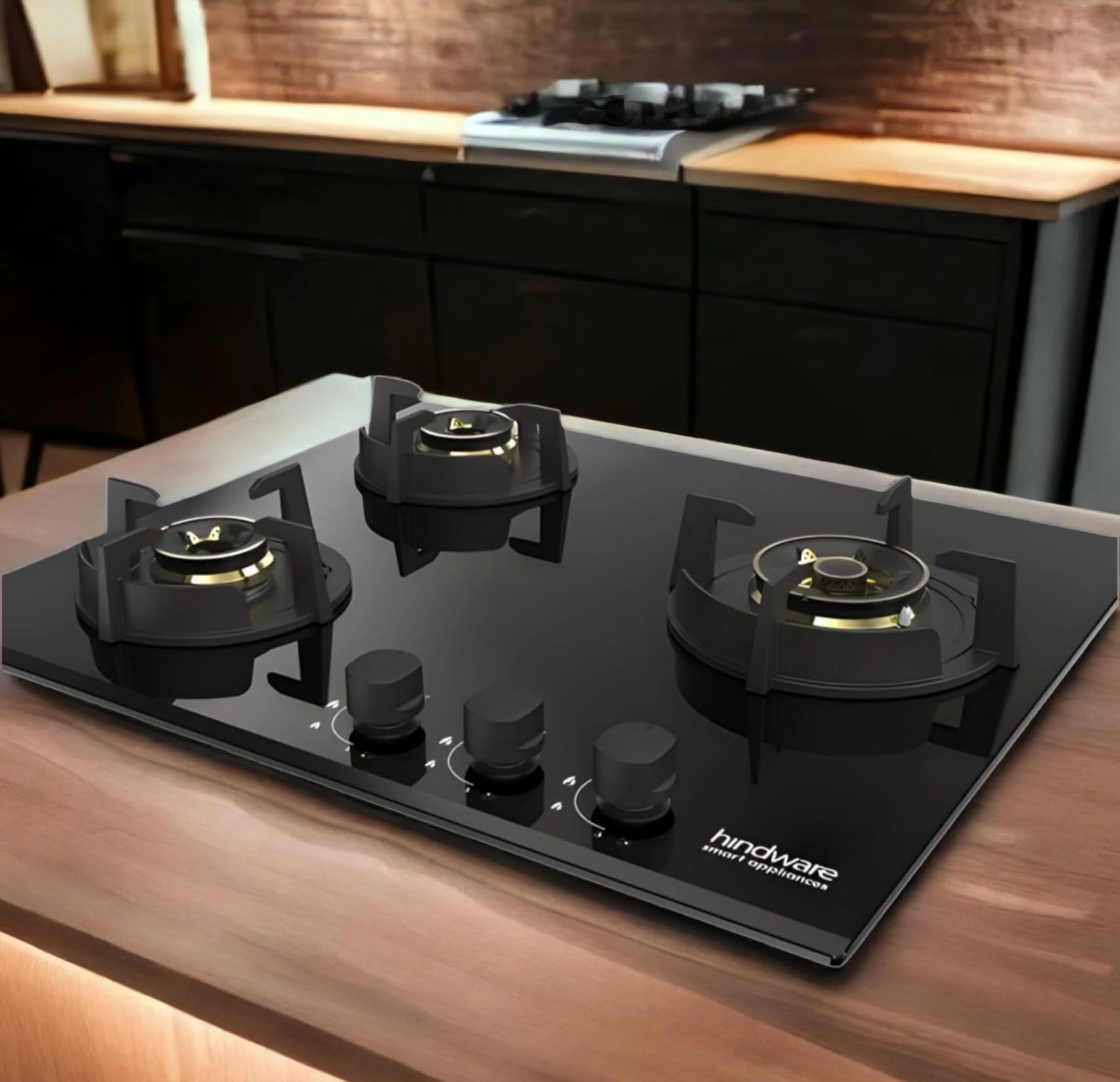 Hindware Hazel 3B 60 Cm | Brass Burners | Auto Ignition | Flame Guard | Metal Knobs | Built In Glass Automatic Hob (3 Burners) - Black
