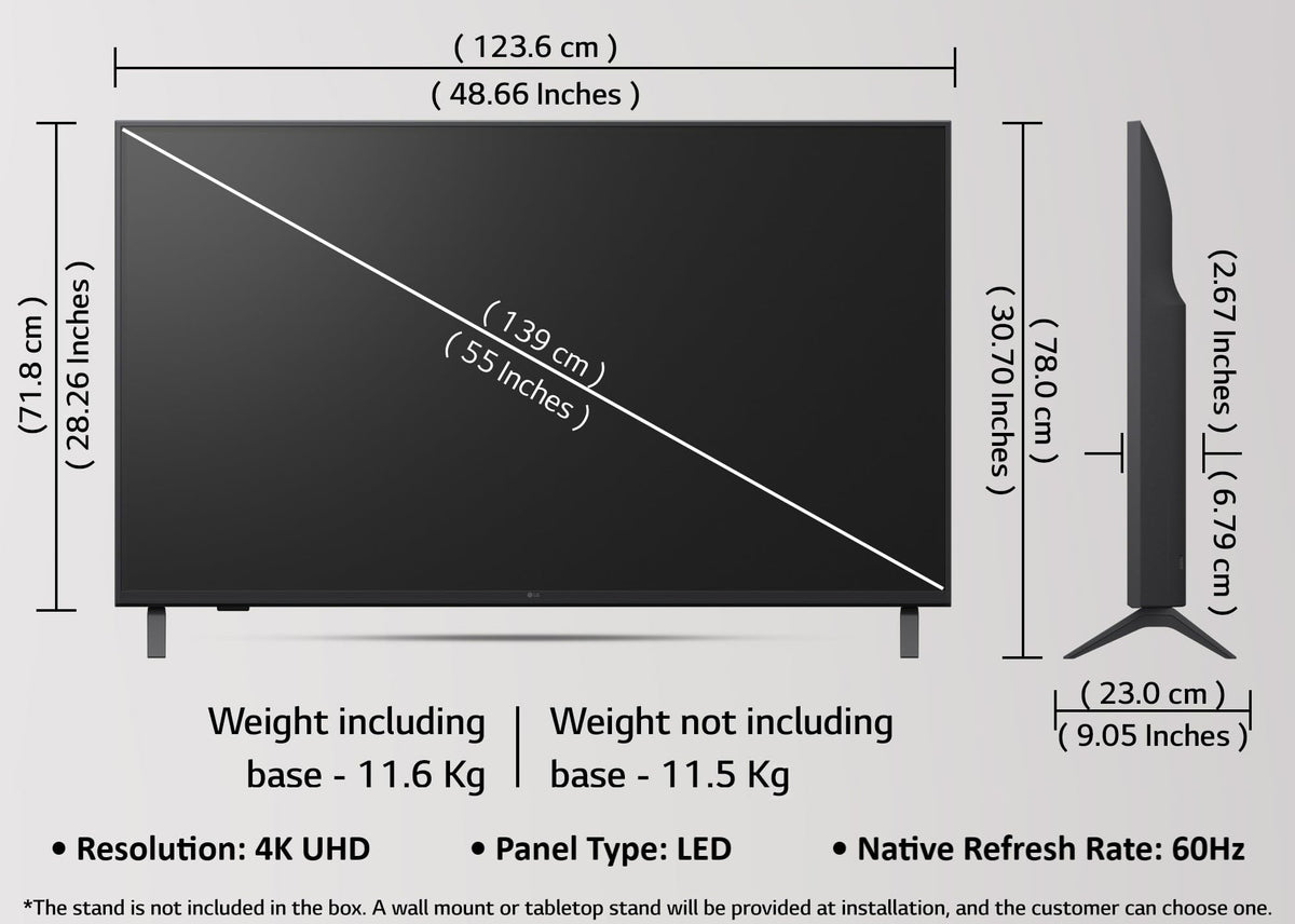 LG UA8250 55 inch TV dimensions diagram with weight, 4K UHD resolution and 60Hz refresh rate