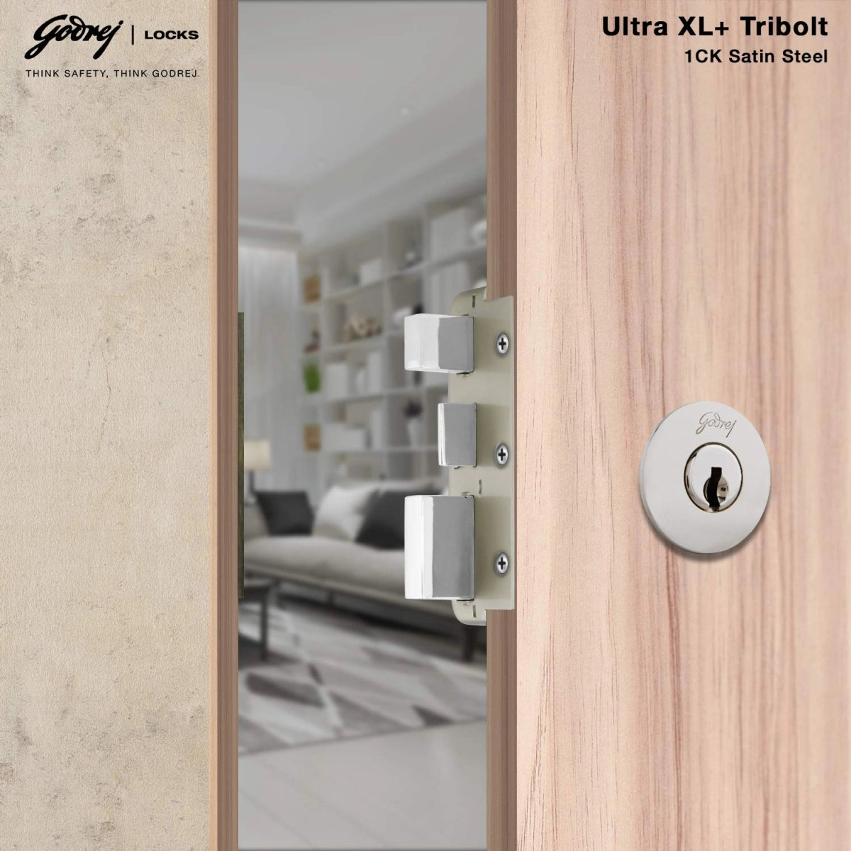 Godrej Ultra XL+ Tribolt 1CK Lock for Home Main Door with Outside Opening (Satin Steel)