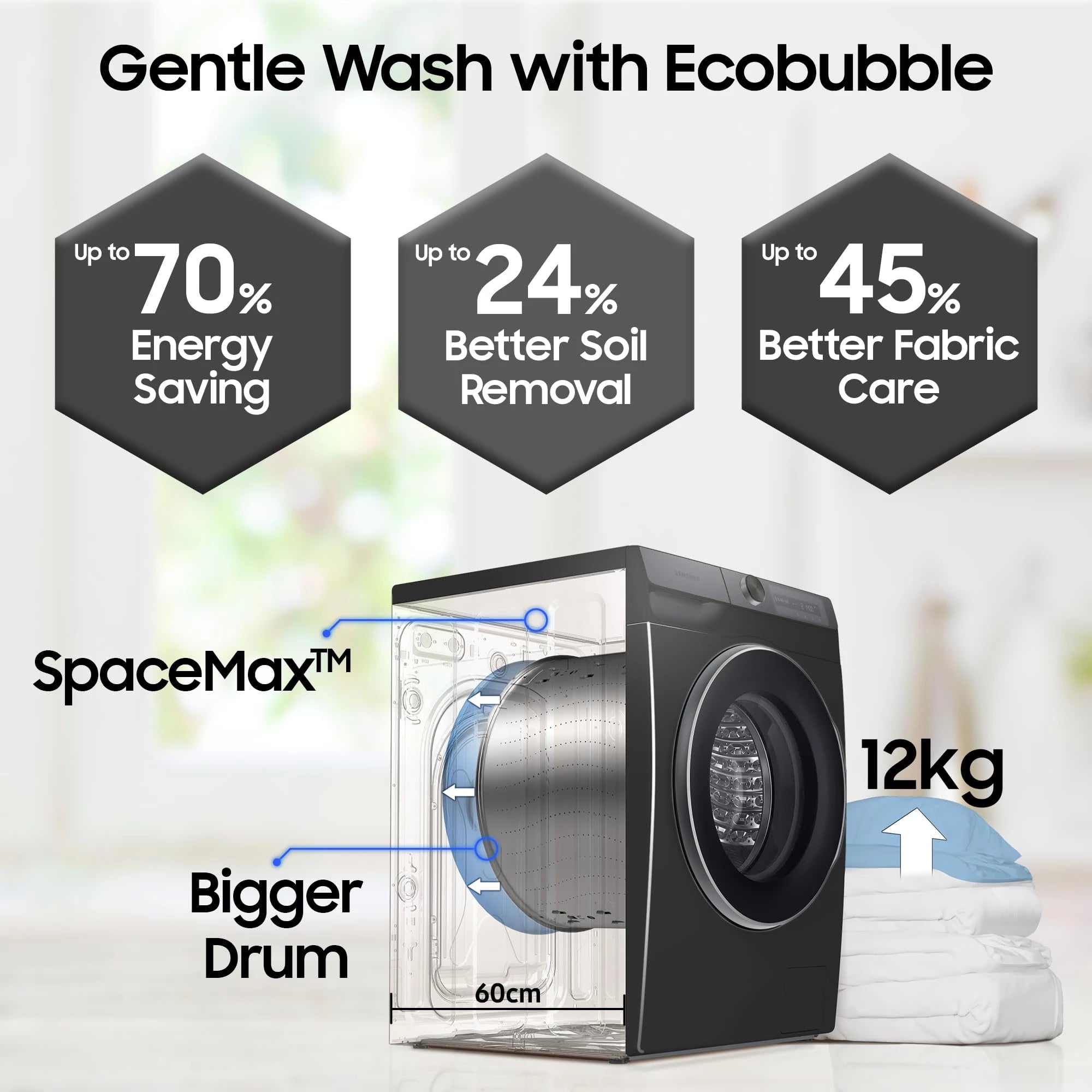 Samsung 12 kg, 5star, AI Control, Super Speed, Wi-Fi, Hygiene Steam with Inbuilt Heater, Digital Inverter, Fully-Automatic Front Load Washing Machine (WW12DG6B24AXTL, Inox)