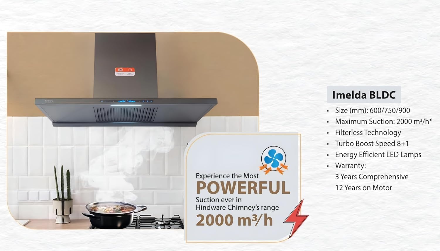 Hindware Imelda Autoclean 90 | Powerful Suction: 2000 m3/h* | Filterless | BLDC Motor | Turbo Mode+9 Speed | Thermal Auto Clean Wall Mounted 90cm Chimney (Grey)