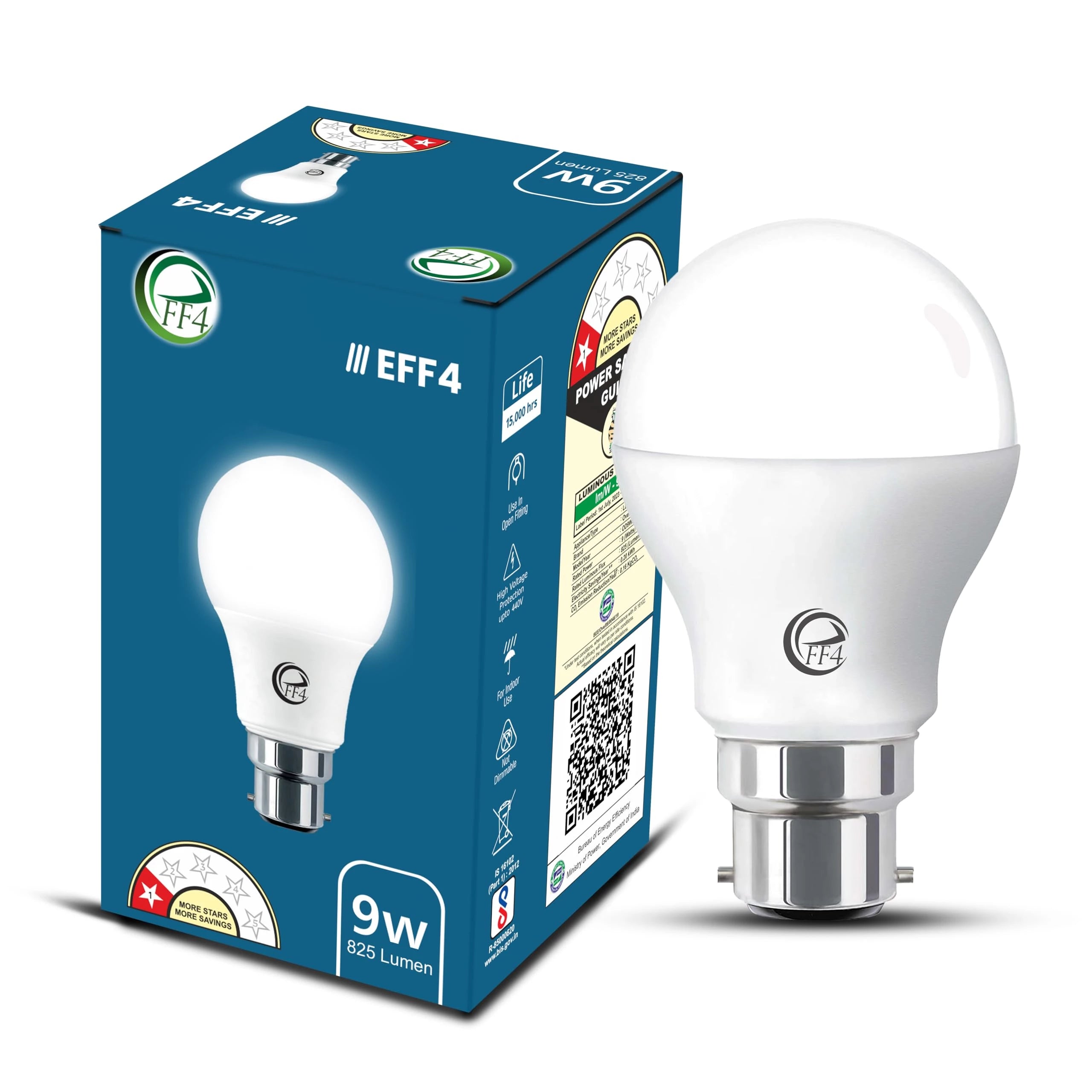 eFF4 ஓவர் டிரைவ் 9W எனர்ஜி சேவிங் LED லைட் பல்ப், B22 பயோனெட் பேஸ், வெள்ளை, வட்ட வடிவம்