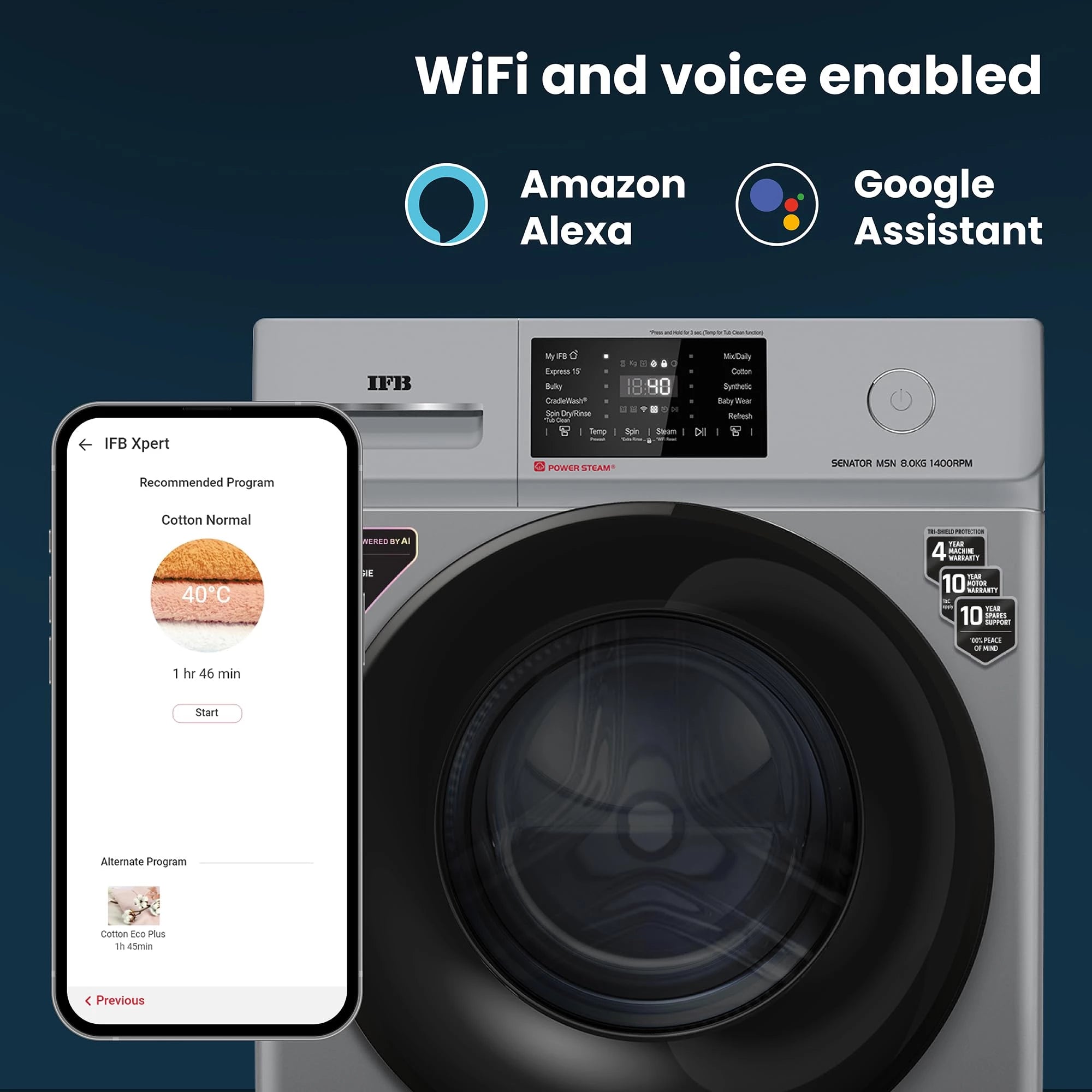 IFB 8 Kg 5 Star, DeepClean® Technology, AI Powered, WiFi, Fully Automatic Front Load Washing Machine (SENATOR MSN 8014 CMS, PowerSteam®, Steam Refresh, Inbuilt Heater, Eco Inverter, Metallic Silver)
