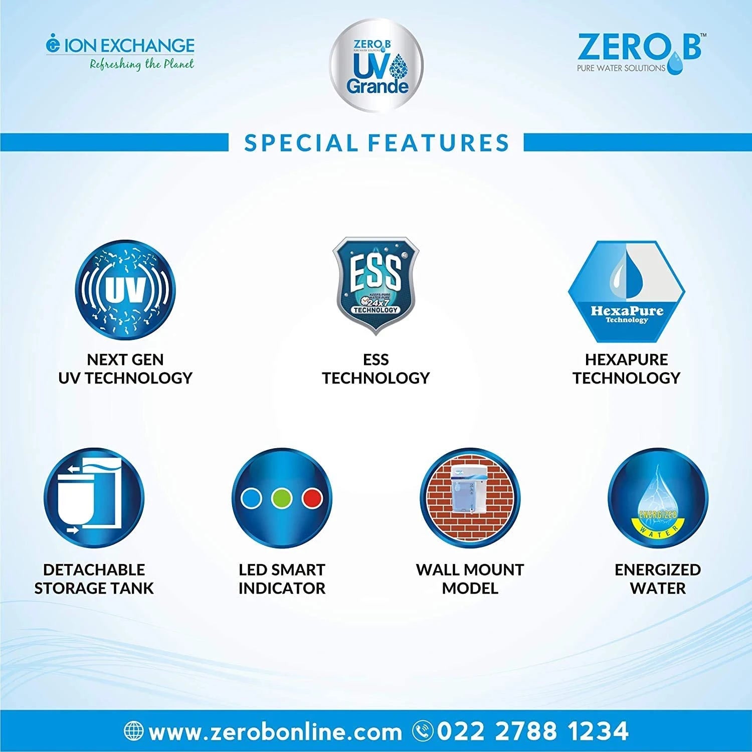 Zero B UV Grande ESS 6-Stage Water Purifier with Active Silver ions & Suraksha Gravity Base