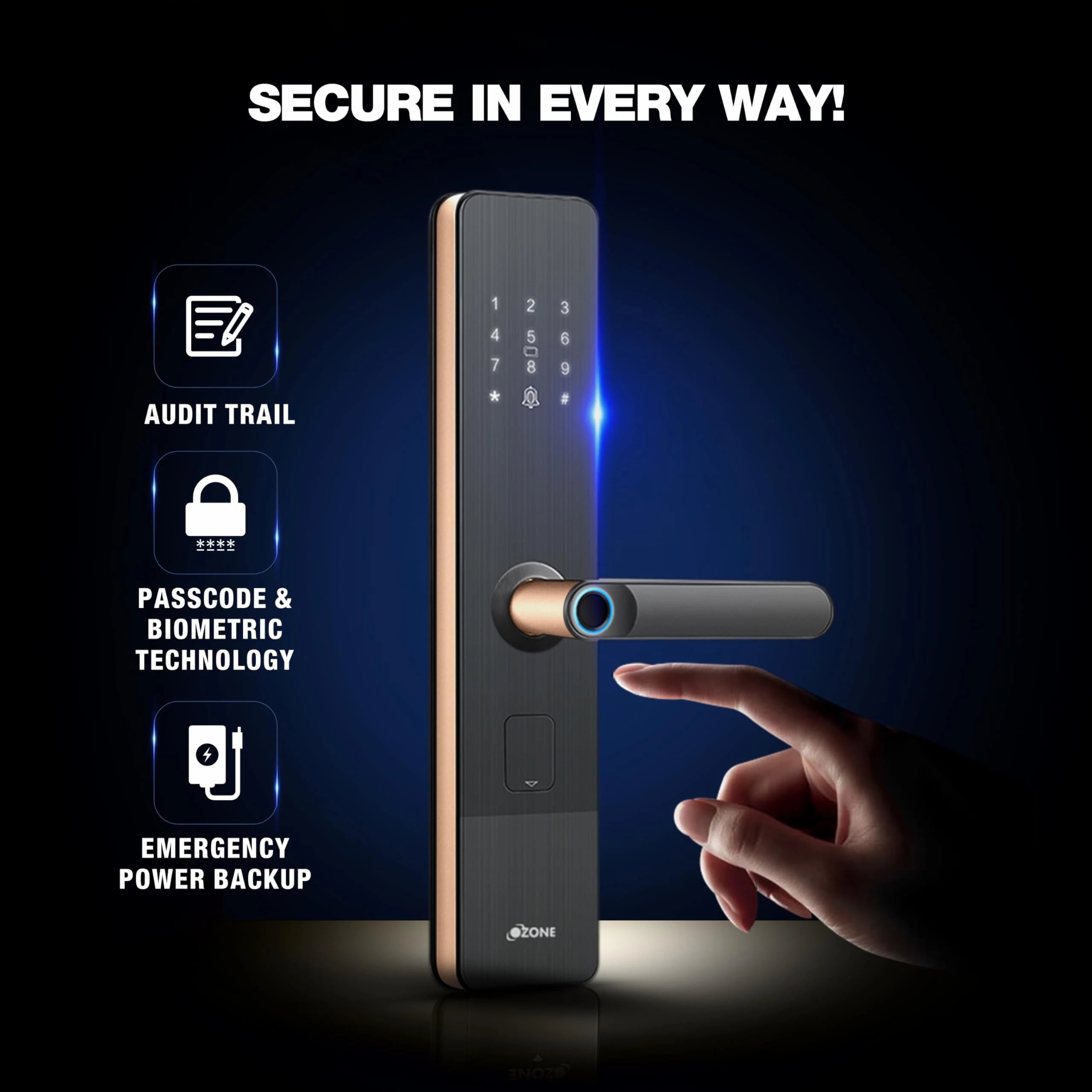 Ozone Smart Bluetooth Lock for Wooden & Metal Doors, 4-Way Access, OzoLife App, Fingerprint, Password, RFID Card, 35-80 mm Door Thickness, Free Installation, 2 Years Warranty (Rose Gold)