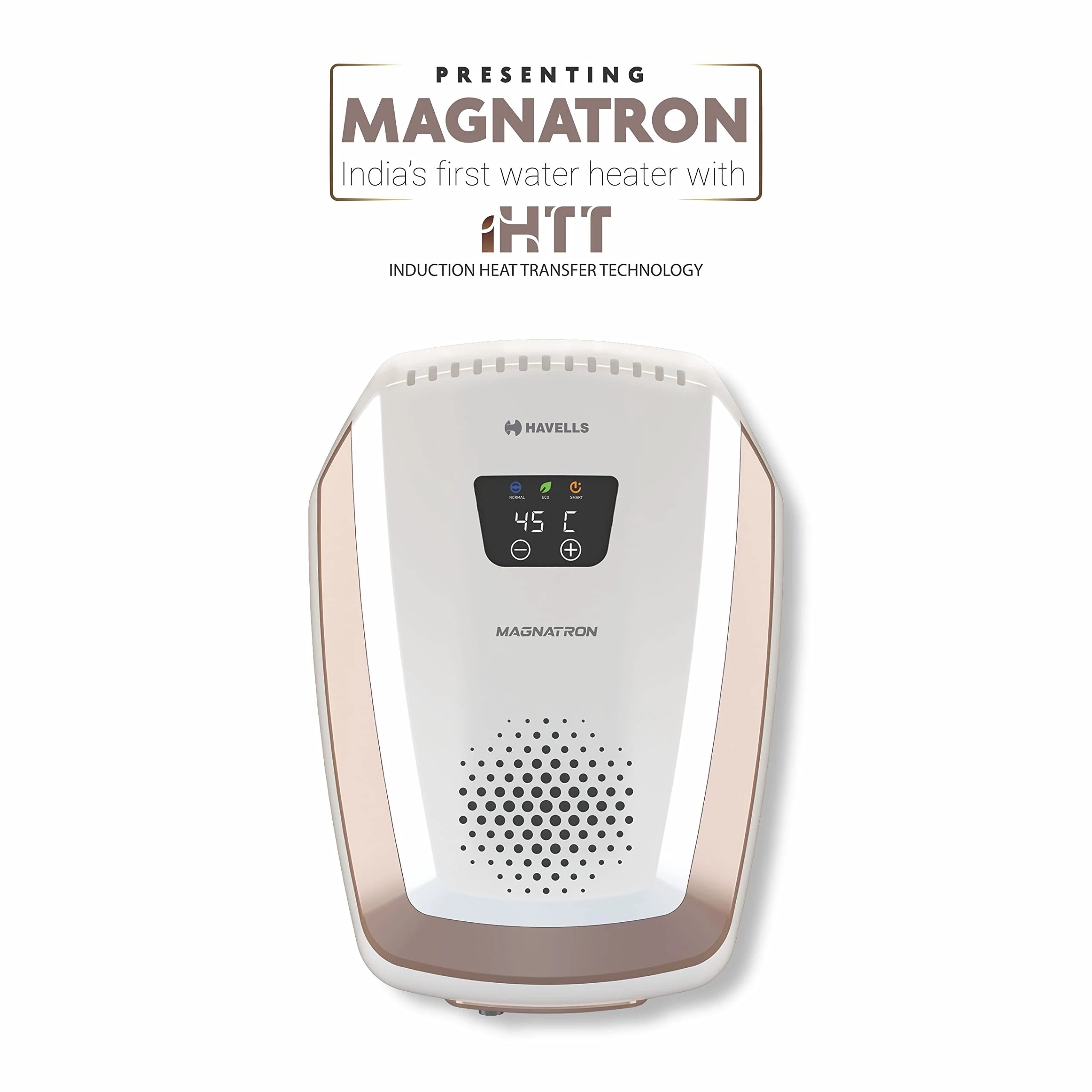 Havells Magnatron 15L India’s First Water Heater(Geyser) having NO HEATING ELEMENT |Minimal Scaling|Faster Heating|Electricity Saving|Shock Safe Plug |Wall Mounting (White Champagne Gold)