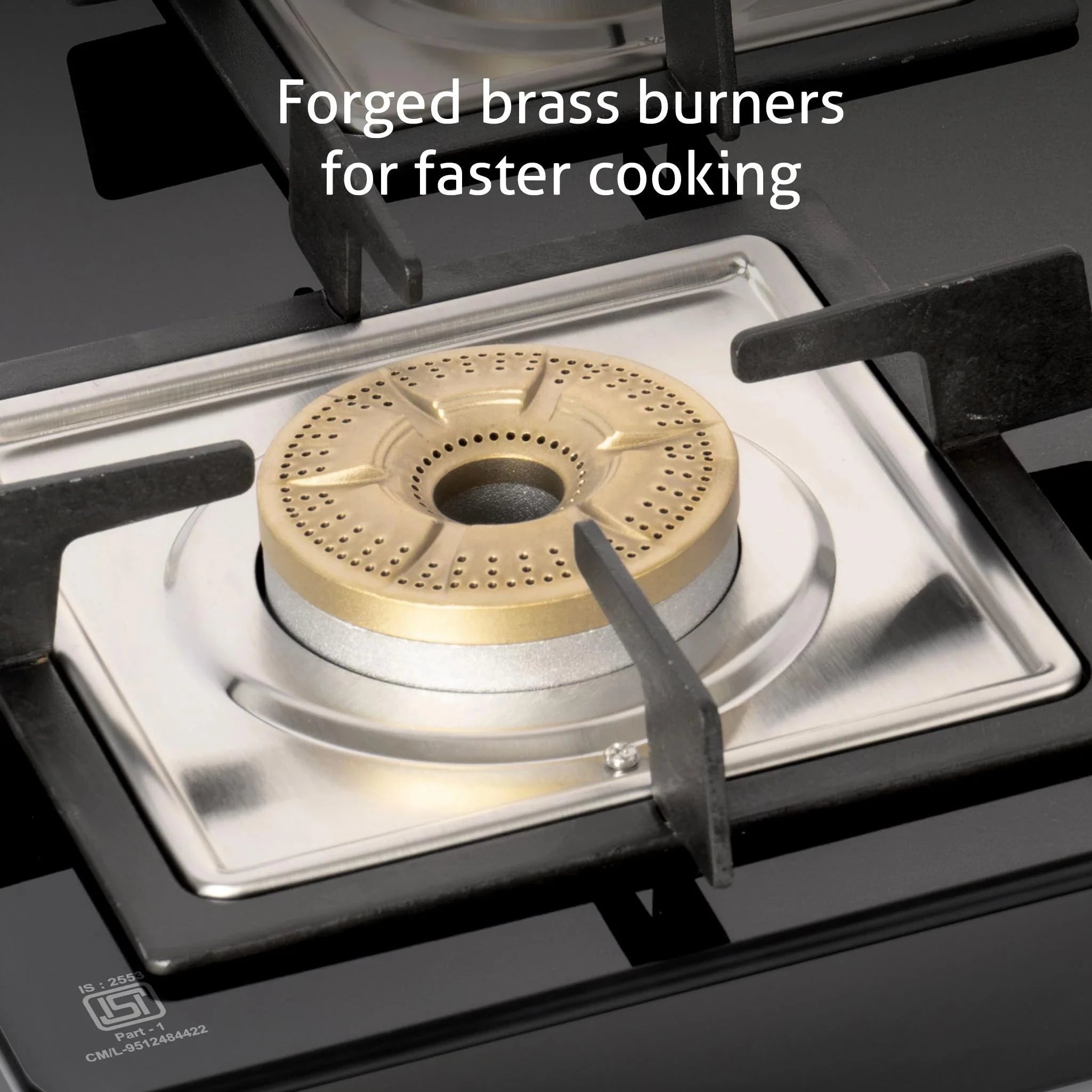 Glen 4 Burner Ultra Slim Glass Gas Stove 1 High Flame 3 Forged Brass Burner -Manual (1048 SL SQ BL FB)