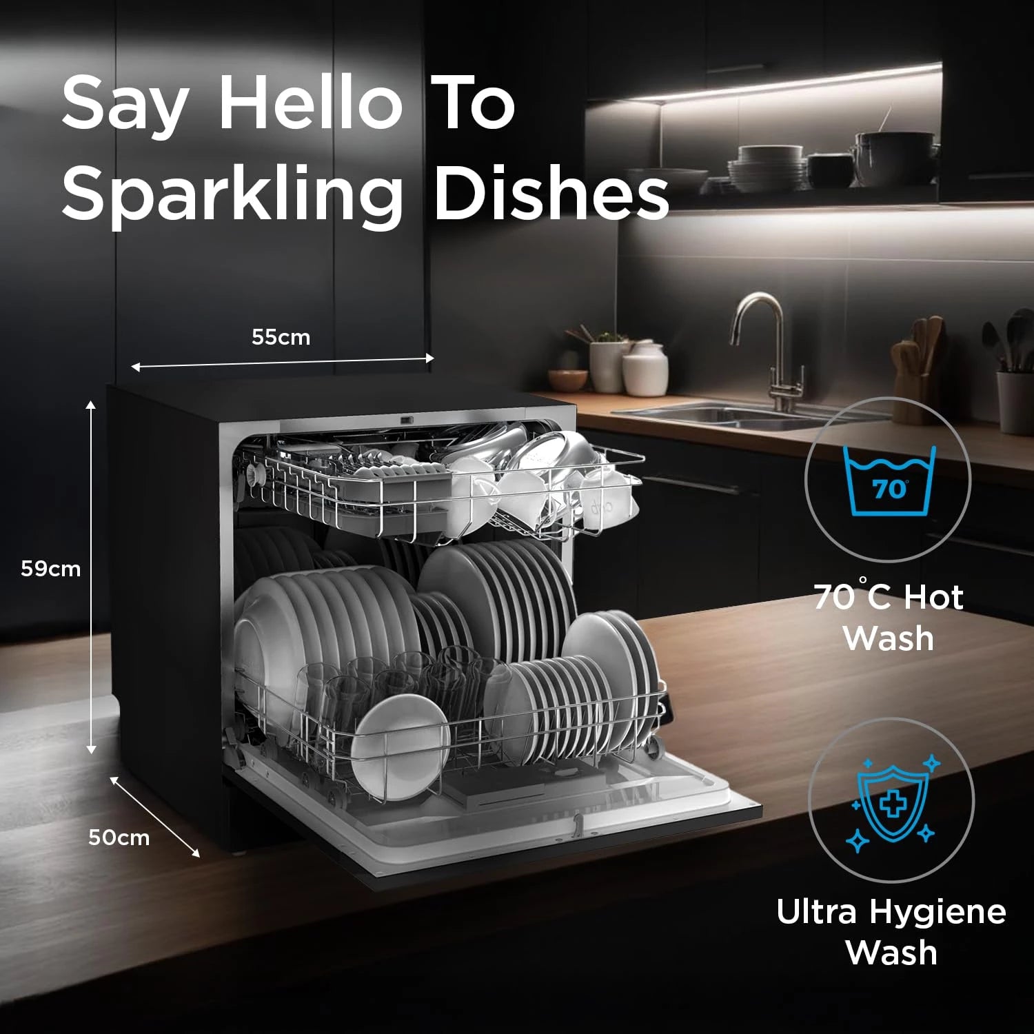 MIDEA 8 Place Setting Countertop Dishwasher (MDWTT0802D (B), Black, 6 wash programs, Portable, anti-bacterial filter & Intensive 70 degree wash for Ultra Hygiene, 24 Hour Delay Timer)