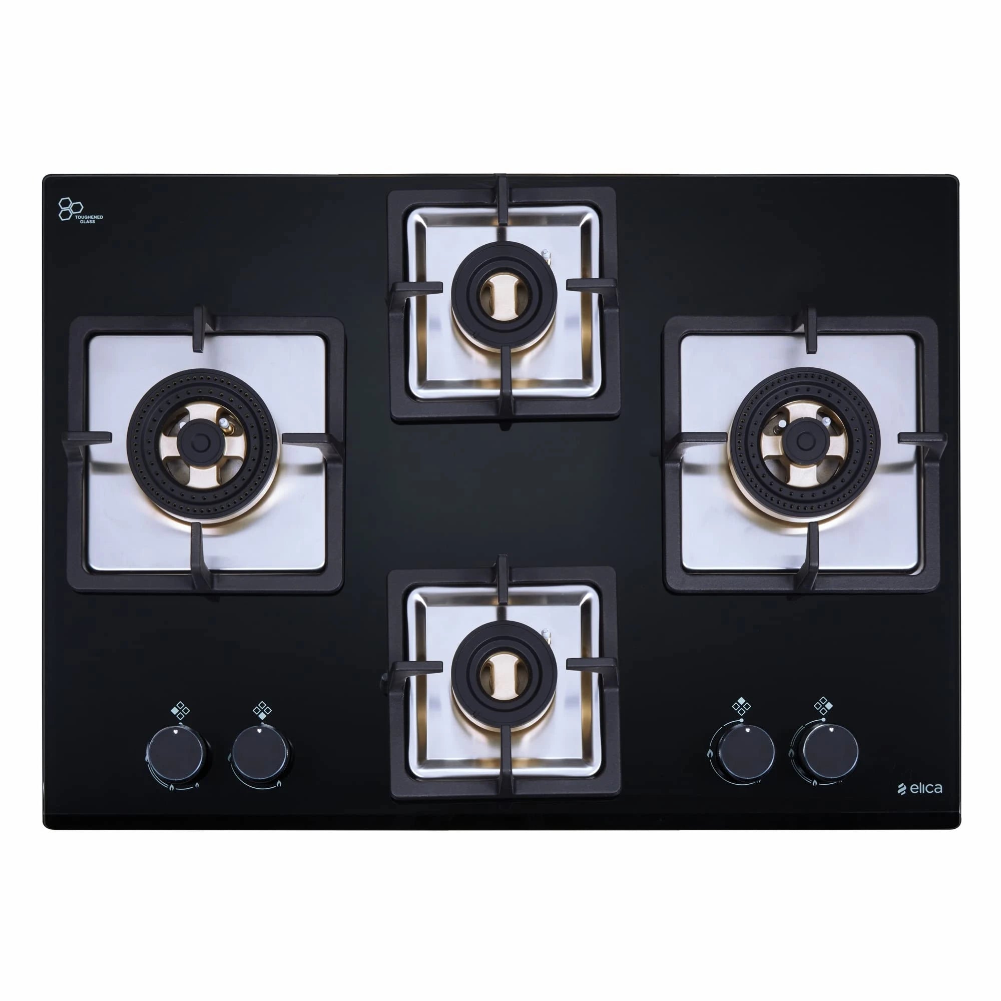 Elica Hob 4 Burner Auto Ignition Glass Top with Direct Flame Full Brass Burners - 2 Small and 2 Medium Gas Stove (IND FLEXI FB 470 DX DFS)