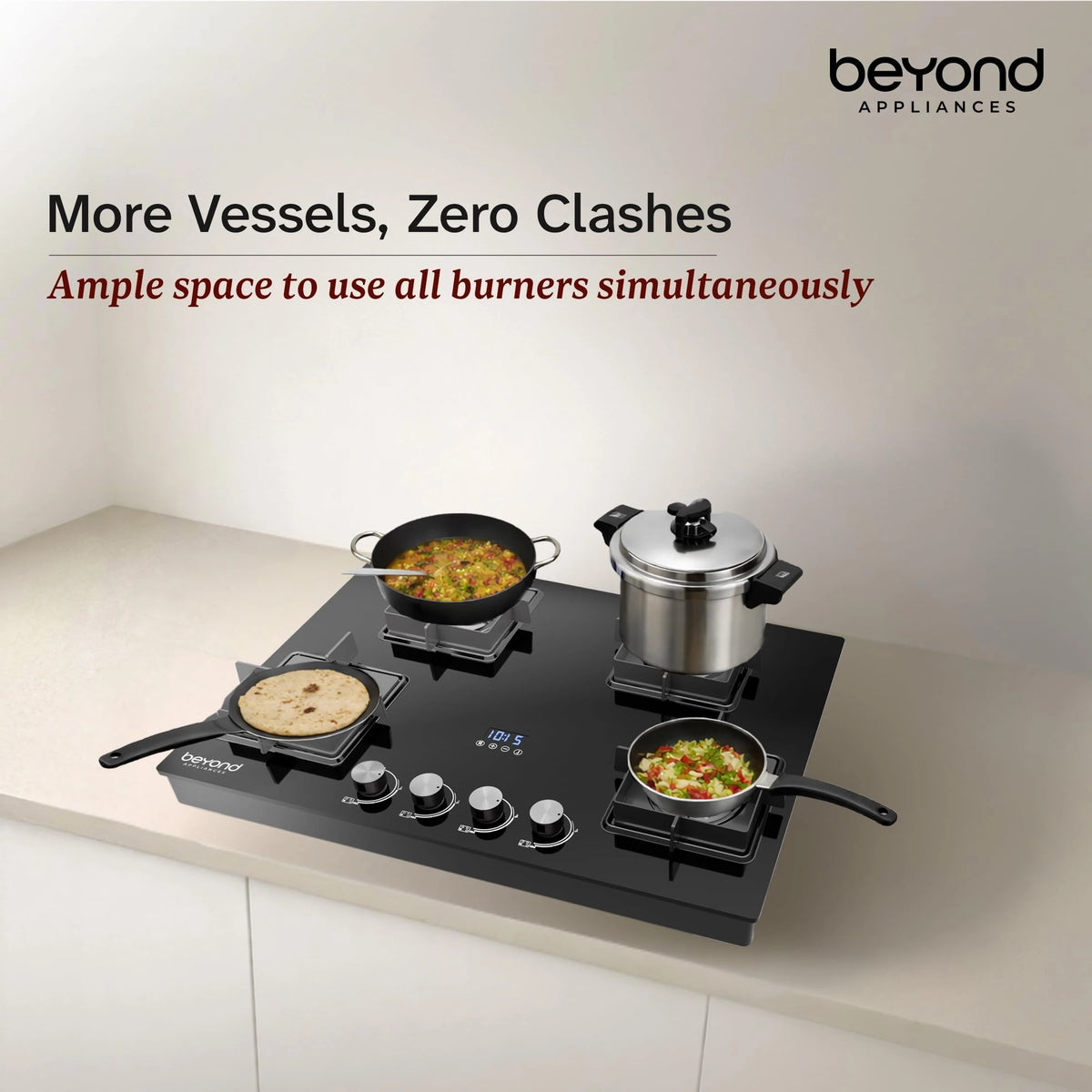 Beyond Appliances Solaria 4 Full Brass Burner Smart Gas Stove Auto Ignition | Digital Timer | Flame Failure Device | Toughened Glass | ISI Certified | LPG & PNG Compatible Cooktop | PAN India Service