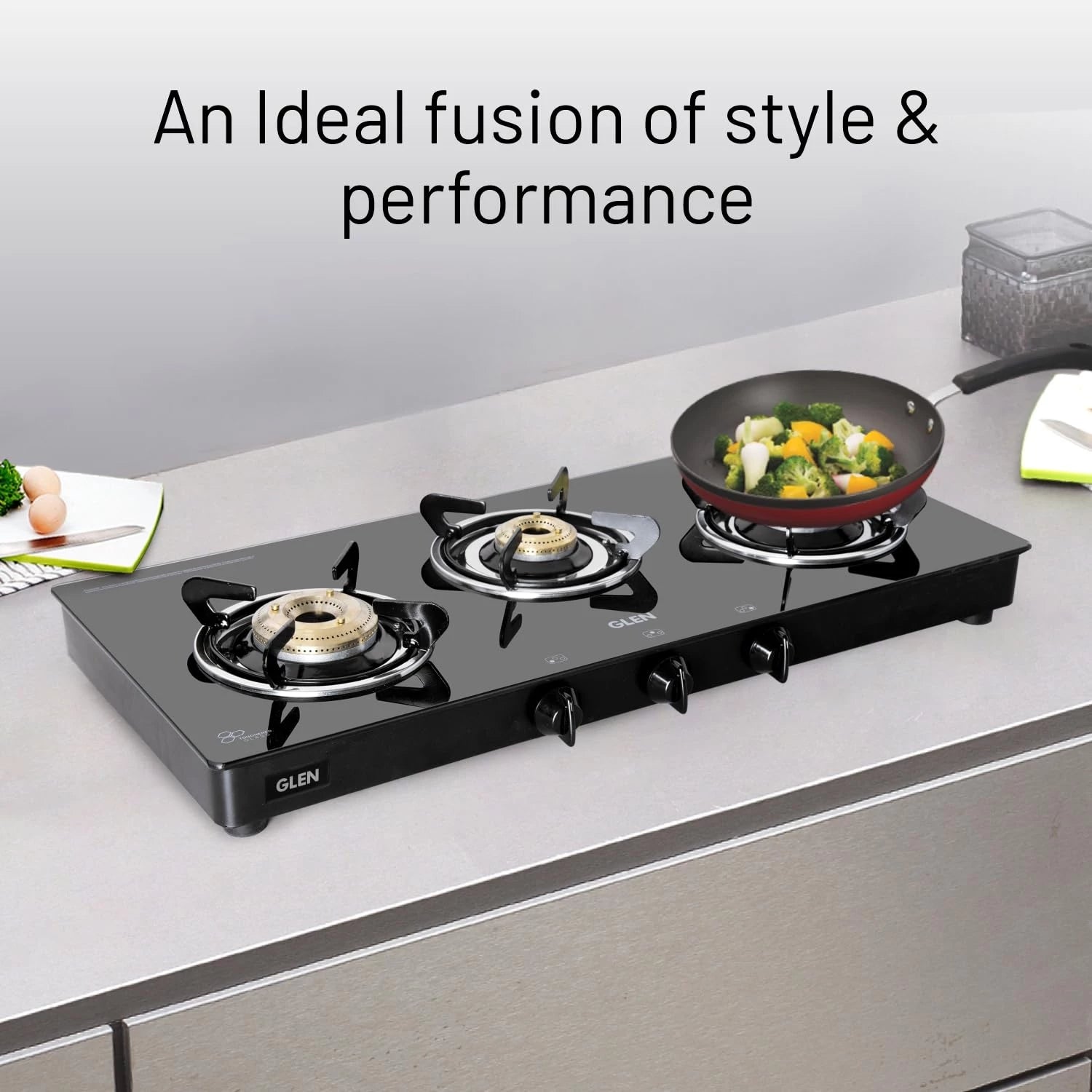 Glen 3 Burner Toughened Glass Top | LPG Gas Stoves Extra Large | High Flame Brass Burners | Black | Manual Ignition | ISI Certified Revolving Nozzle | 2 Year Warranty | 1033 GT XL BB BL
