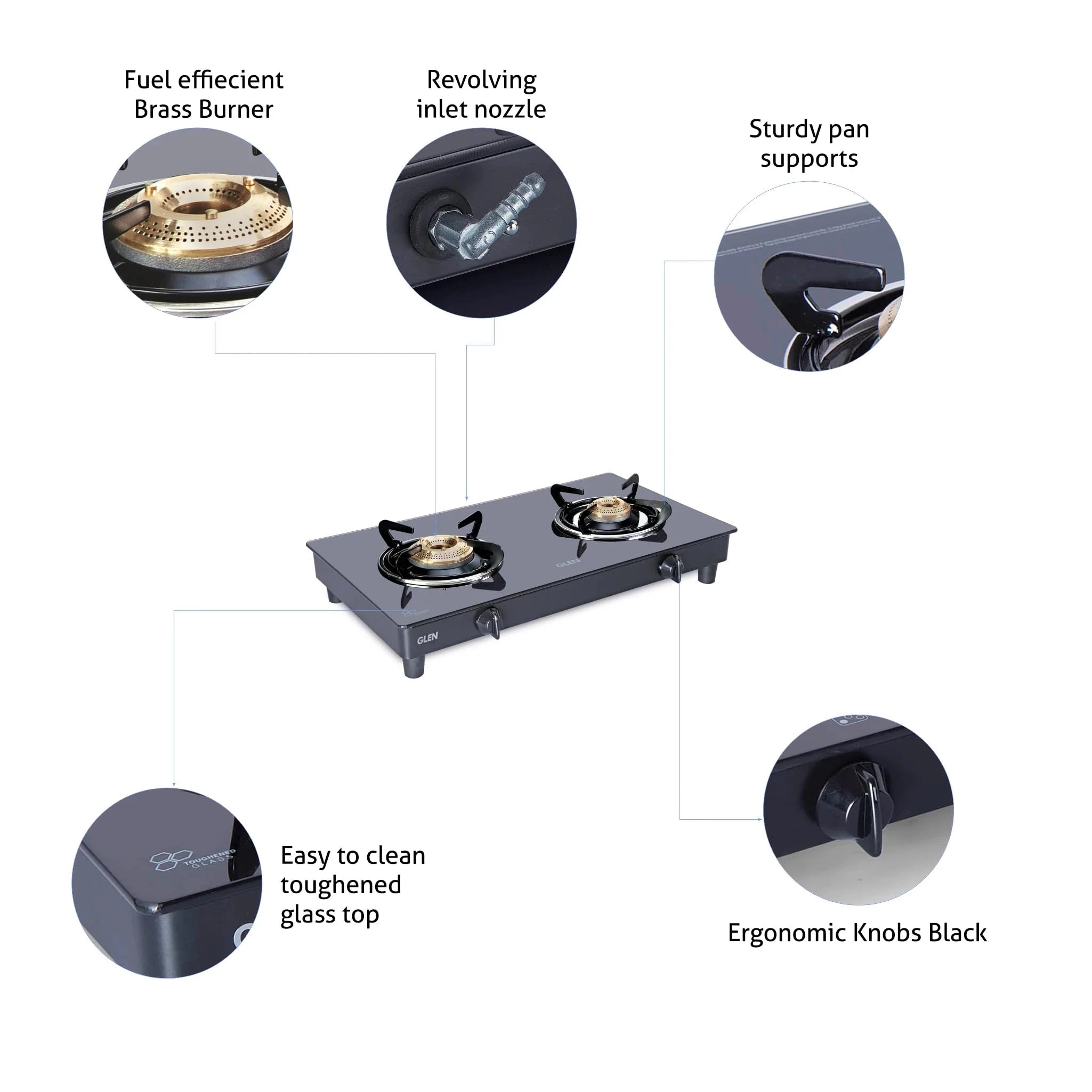 Glen 2 Burner Glass Gas Stove with High Flame Brass Burner Black (1021 GT HF BB BL) (Auto ignition)