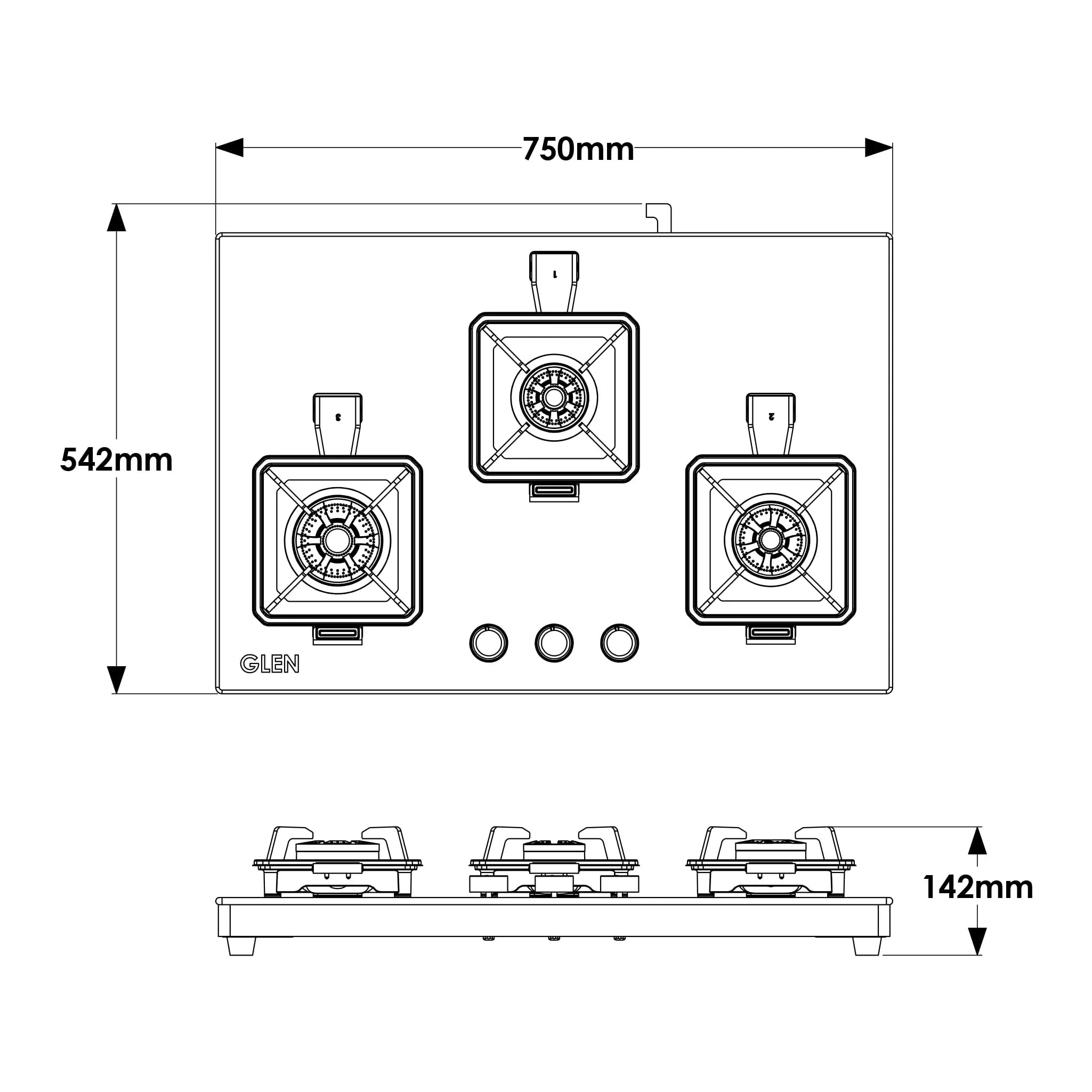 Glen Swift 3 Burner Gas Stove | Removable Multi-Ring Forged Brass Burners | 8mm Toughened Glass Top | Manual Ignition (CT1038GTBLSWIFT)