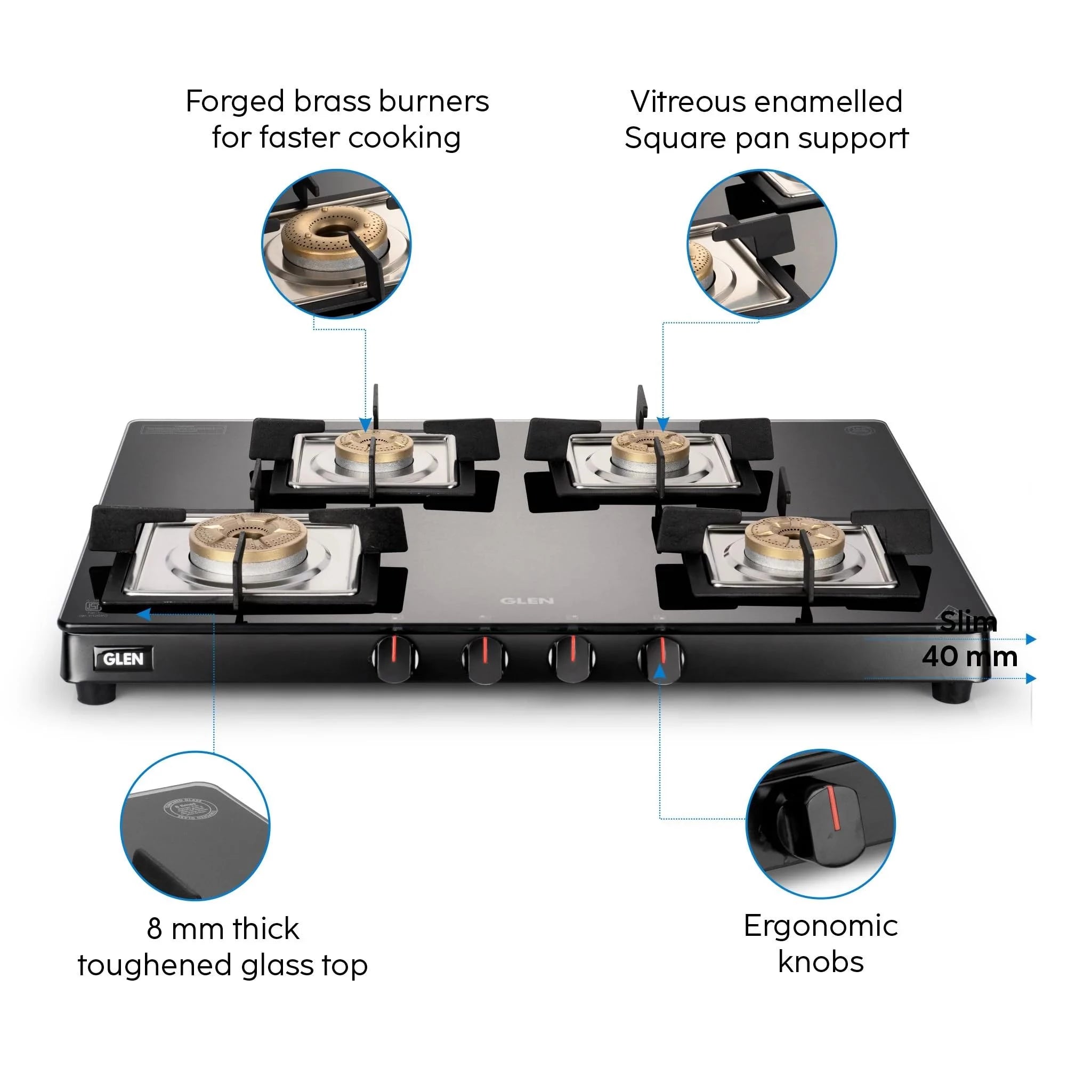 Glen 4 Burner Ultra Slim Glass Gas Stove 1 High Flame 3 Forged Brass Burner -Manual (1048 SL SQ BL FB)